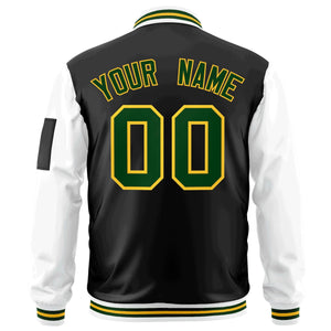 Custom Black White-Green Varsity Full-Zip Raglan Sleeves Letterman Bomber Jacket