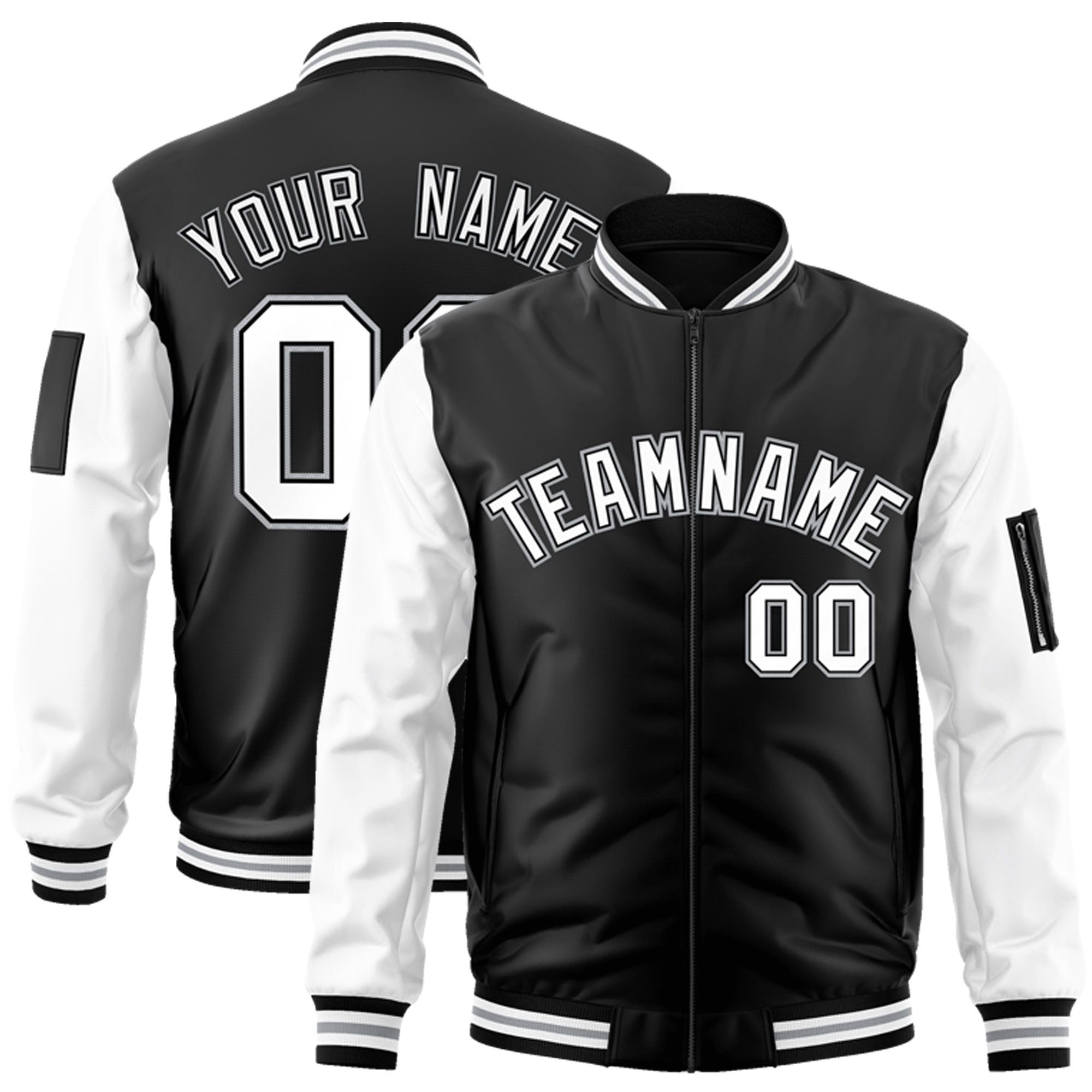 Custom Black White-Gray Varsity Full-Zip Raglan Sleeves Letterman Bomber Jacket