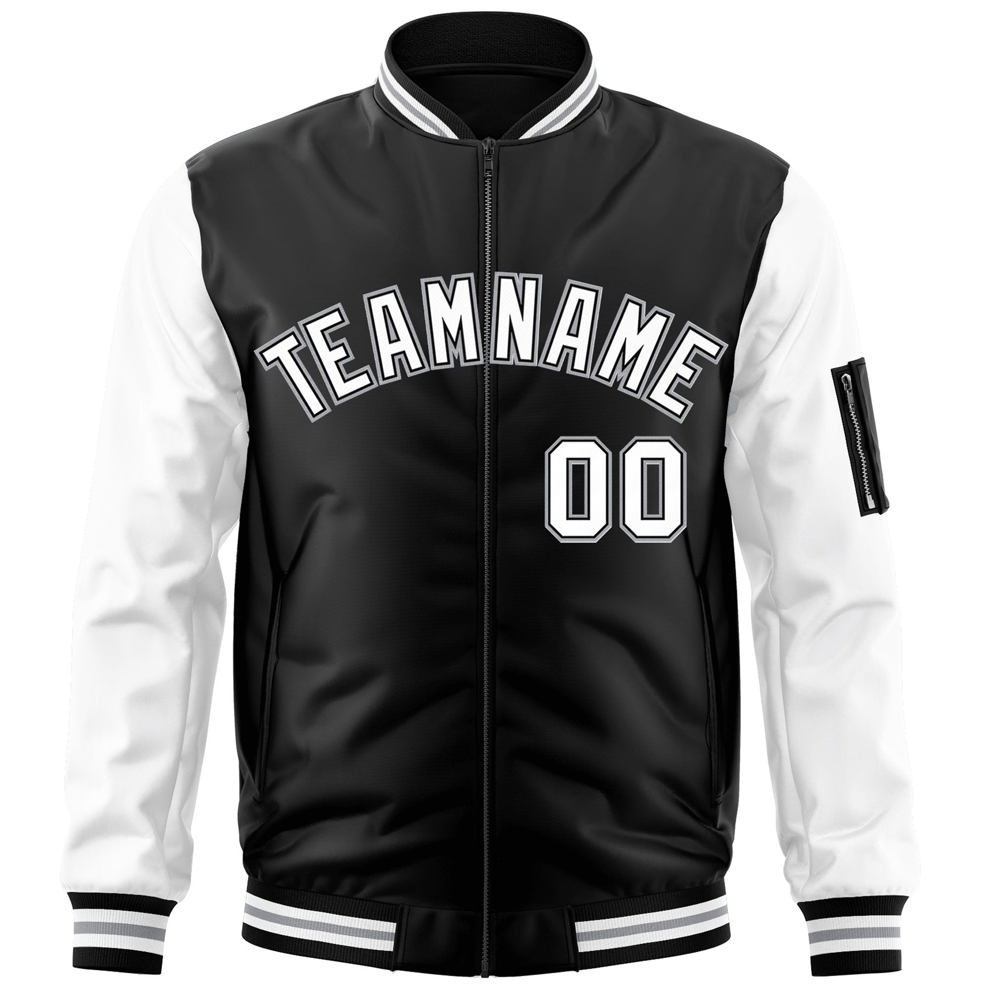 Custom Black White-Gray Varsity Full-Zip Raglan Sleeves Letterman Bomber Jacket