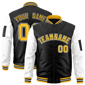 Custom Black White-Gold Varsity Full-Zip Raglan Sleeves Letterman Bomber Jacket