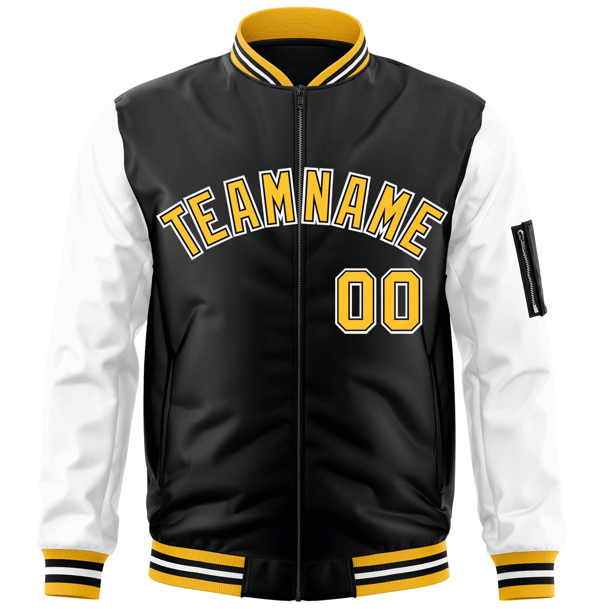 Custom Black White-Gold Varsity Full-Zip Raglan Sleeves Letterman Bomber Jacket