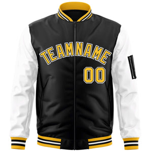 Custom Black White-Gold Varsity Full-Zip Raglan Sleeves Letterman Bomber Jacket