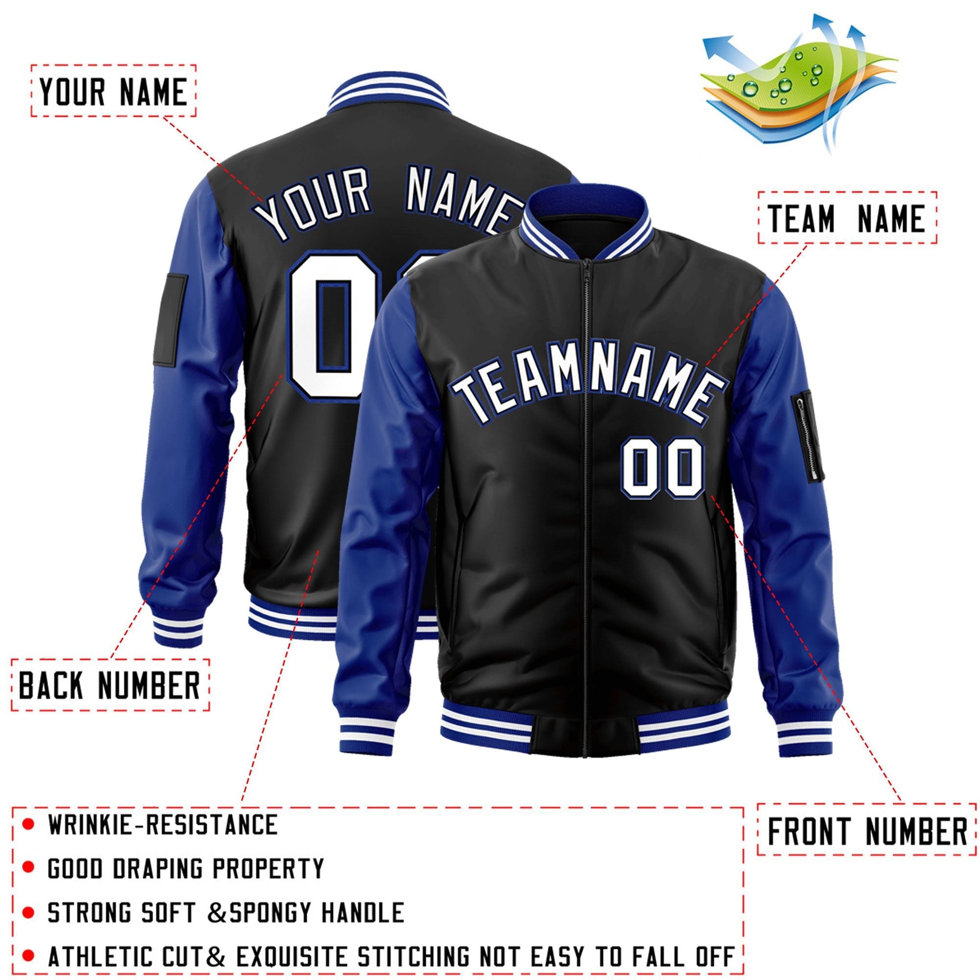 Custom Black White-Royal Varsity Full-Zip Raglan Sleeves Letterman Bomber Jacket