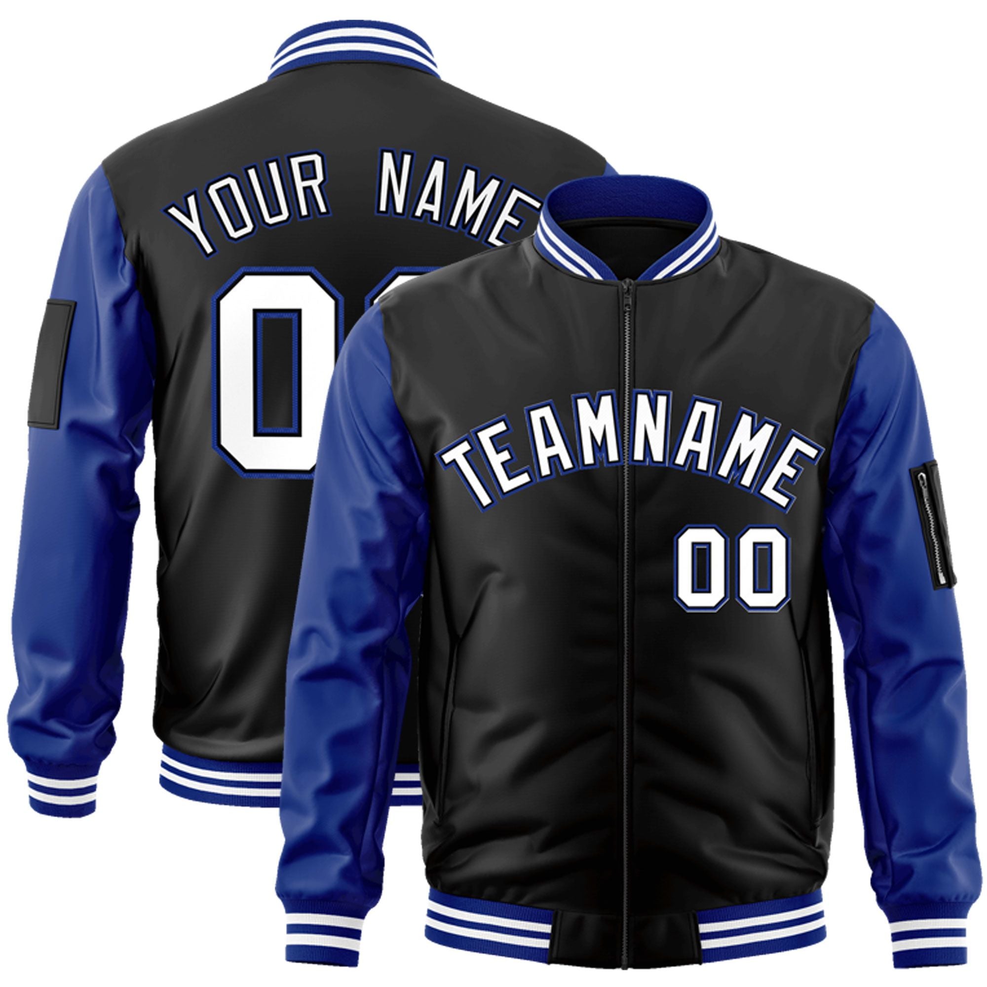 Custom Black White-Royal Varsity Full-Zip Raglan Sleeves Letterman Bomber Jacket