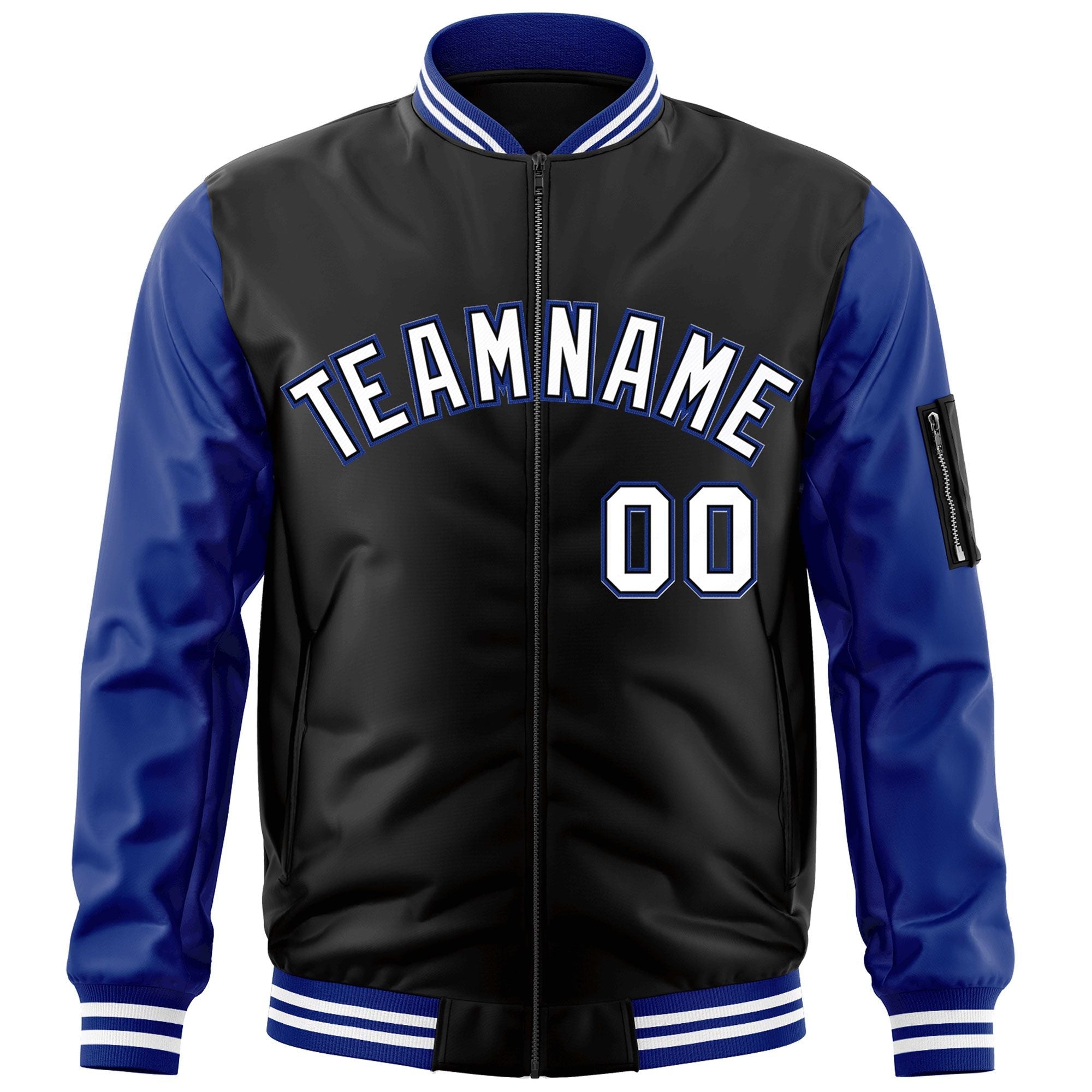 Custom Black White-Royal Varsity Full-Zip Raglan Sleeves Letterman Bomber Jacket