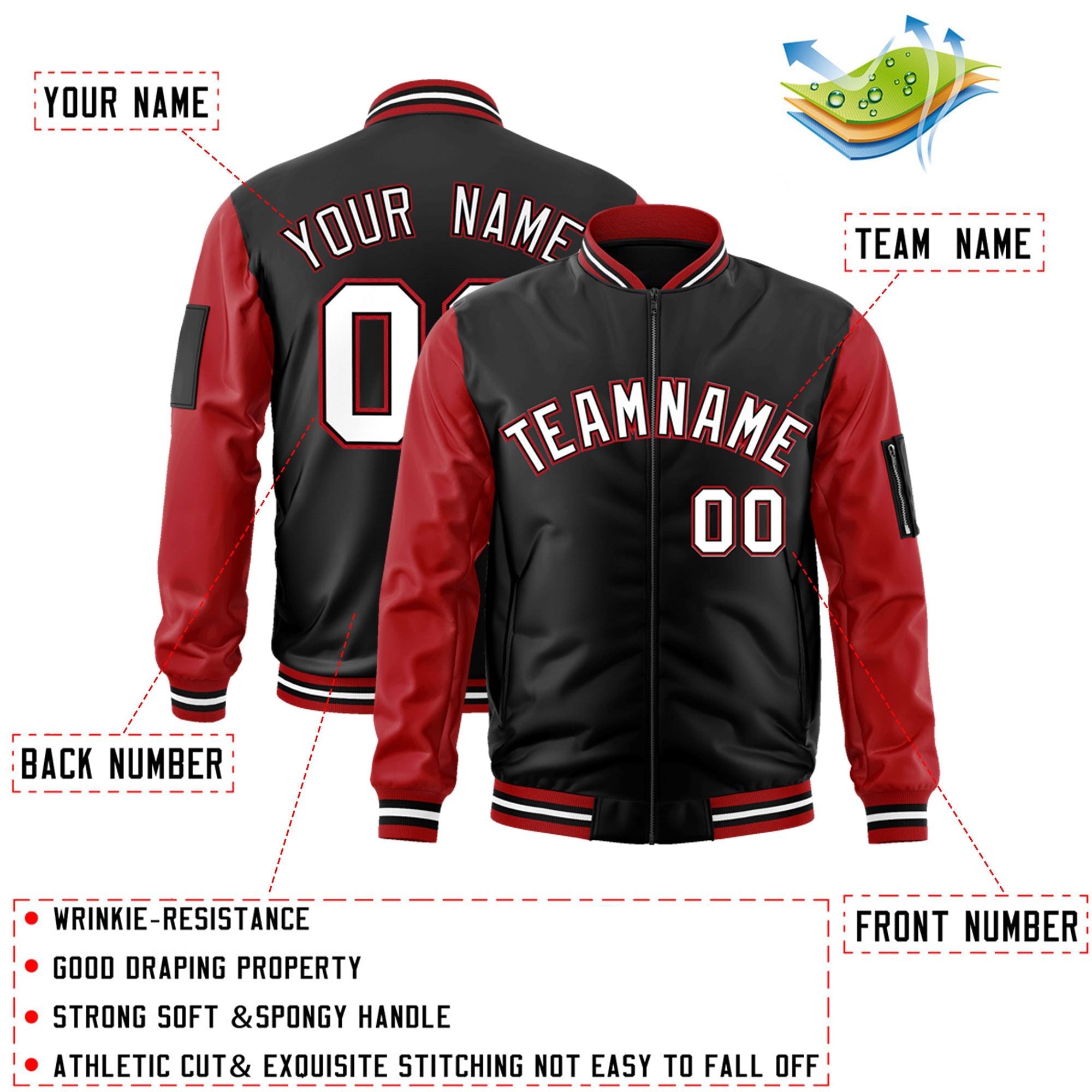 Custom Black Red-White Varsity Full-Zip Raglan Sleeves Letterman Bomber Jacket