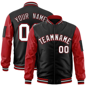 Custom Black Red-White Varsity Full-Zip Raglan Sleeves Letterman Bomber Jacket