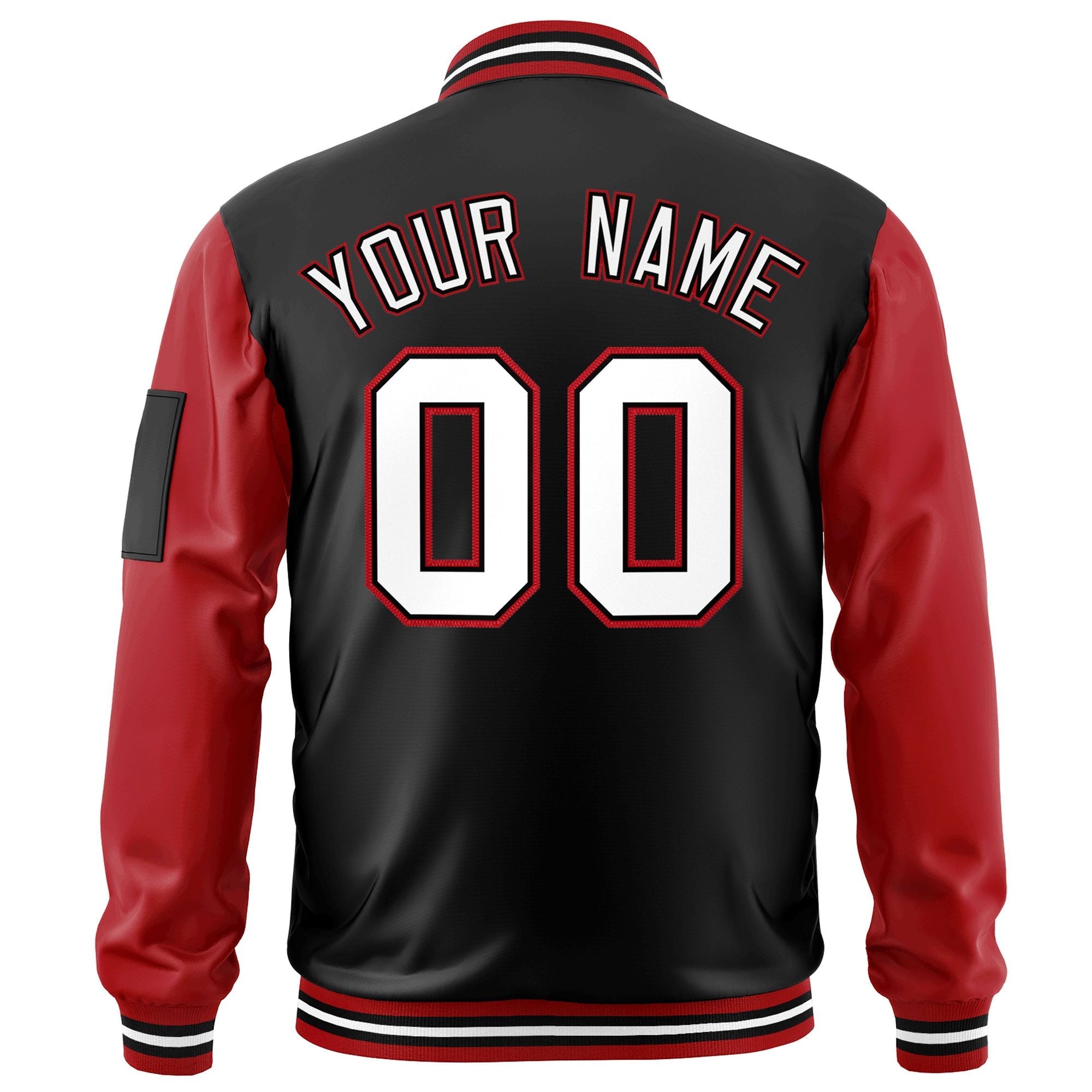 Custom Black Red-White Varsity Full-Zip Raglan Sleeves Letterman Bomber Jacket