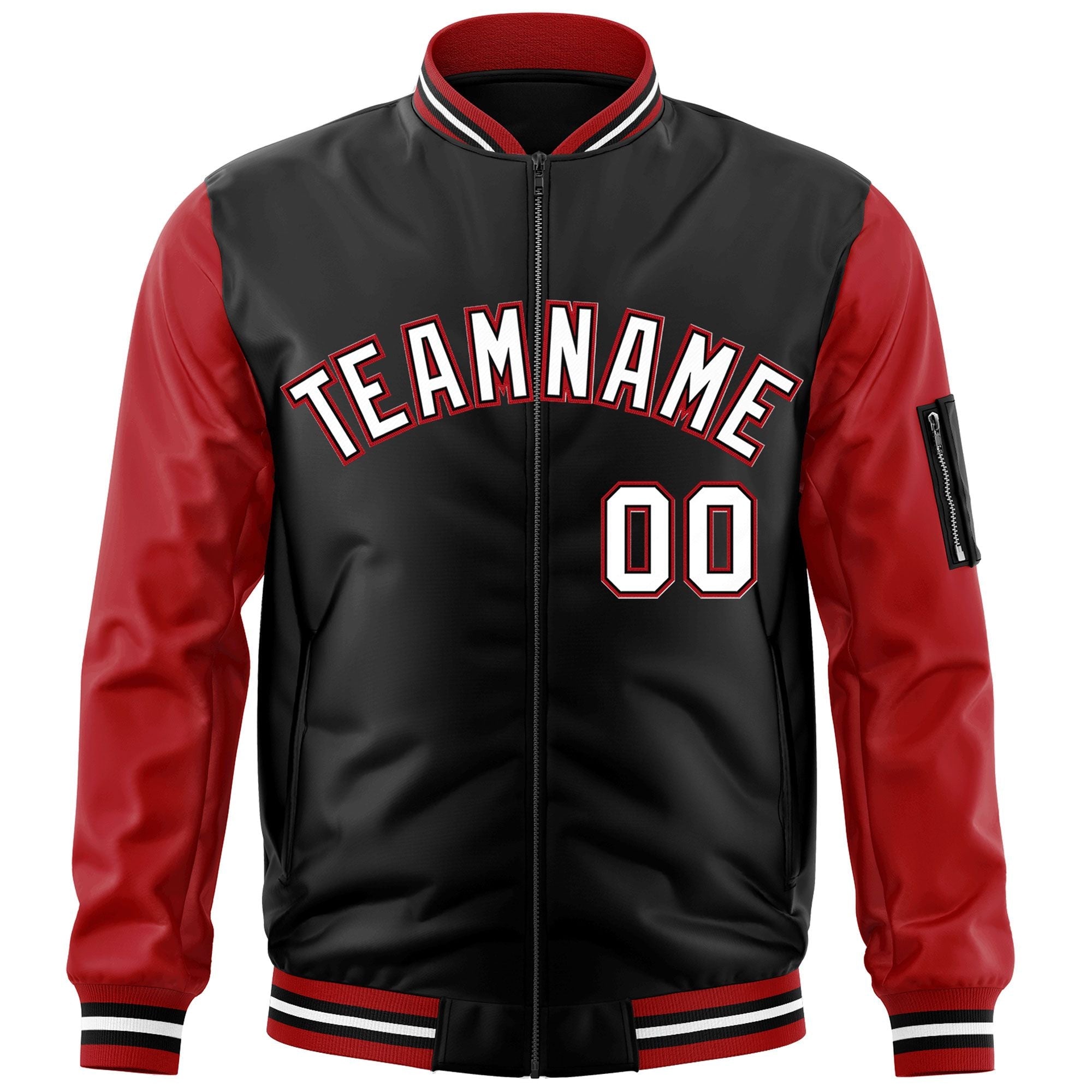 Custom Black Red-White Varsity Full-Zip Raglan Sleeves Letterman Bomber Jacket