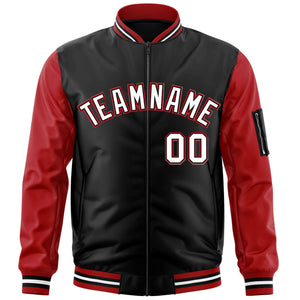 Custom Black Red-White Varsity Full-Zip Raglan Sleeves Letterman Bomber Jacket