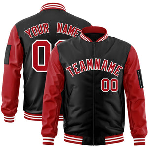 Custom Black Red-White Varsity Full-Zip Raglan Sleeves Letterman Bomber Jacket