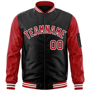 Custom Black Red-White Varsity Full-Zip Raglan Sleeves Letterman Bomber Jacket