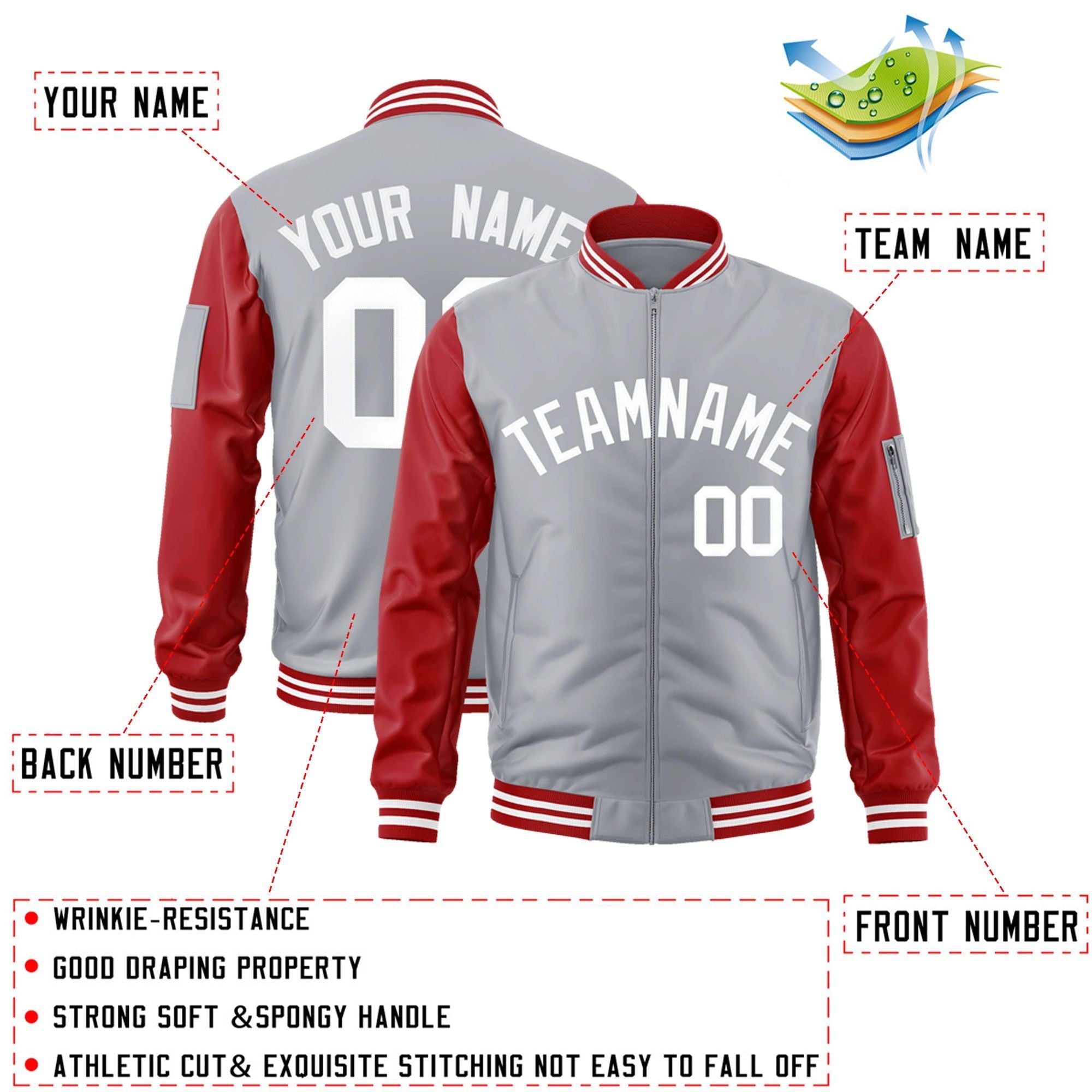 Custom Gray Red-White Varsity Full-Zip Raglan Sleeves Letterman Bomber Jacket