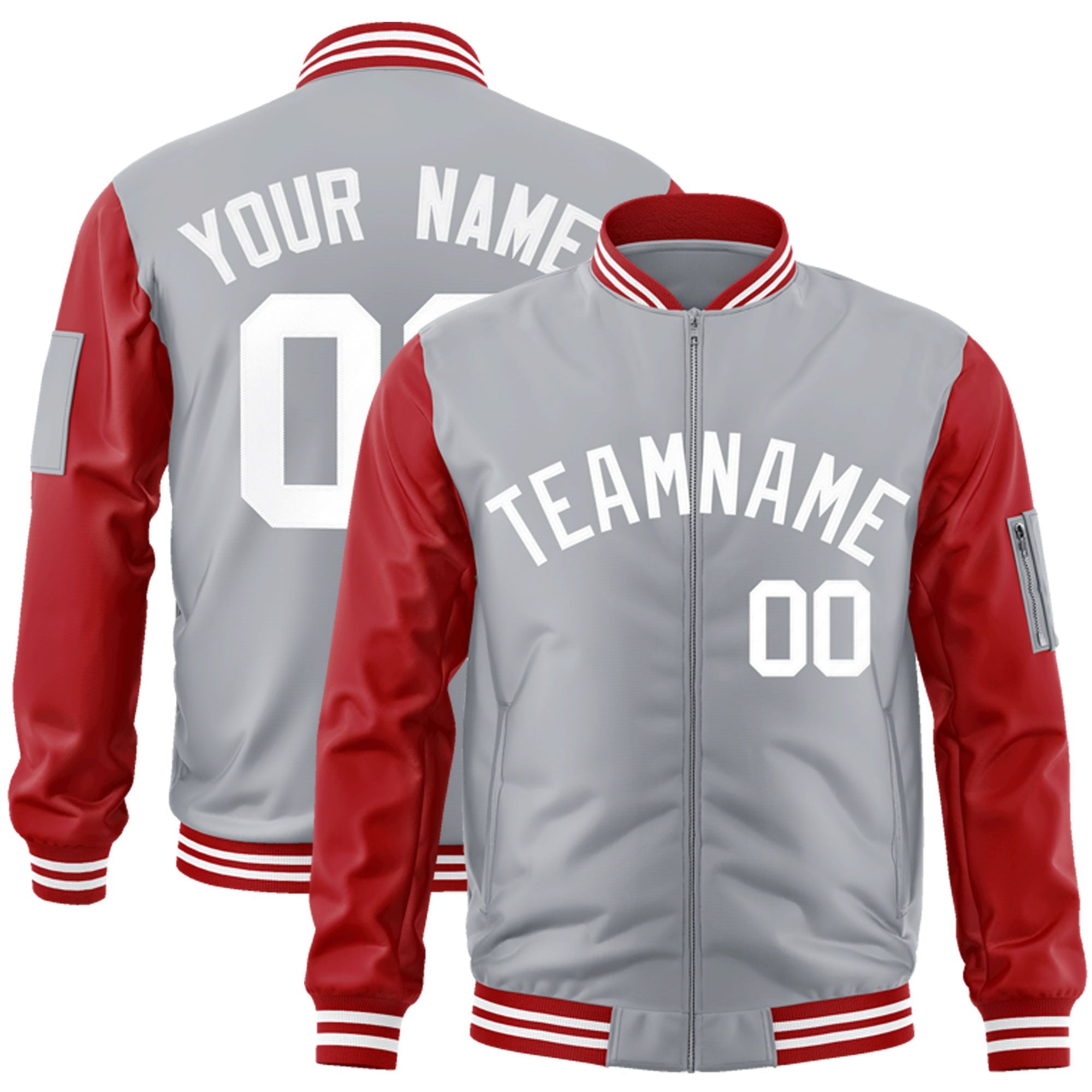 Custom Gray Red-White Varsity Full-Zip Raglan Sleeves Letterman Bomber Jacket