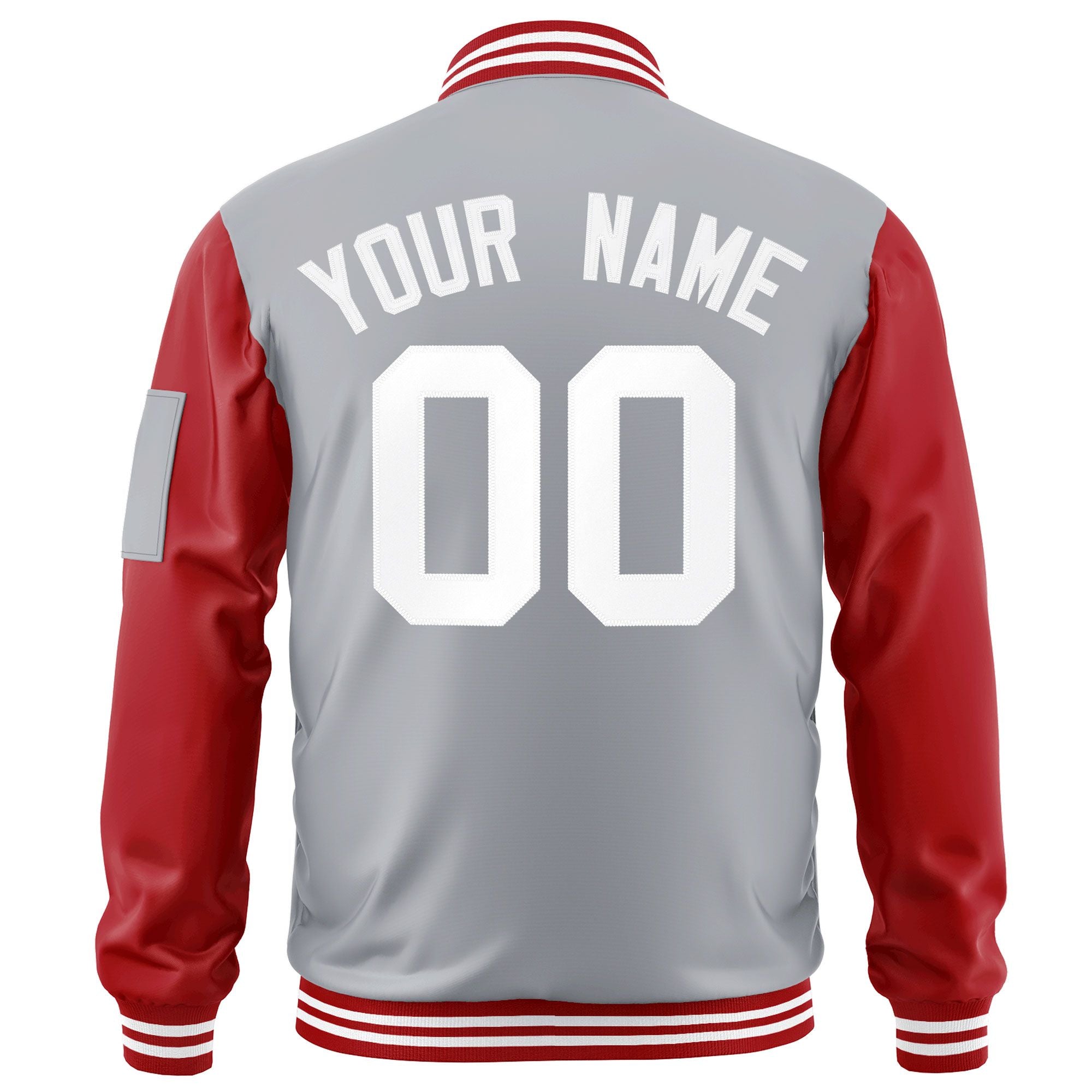 Custom Gray Red-White Varsity Full-Zip Raglan Sleeves Letterman Bomber Jacket