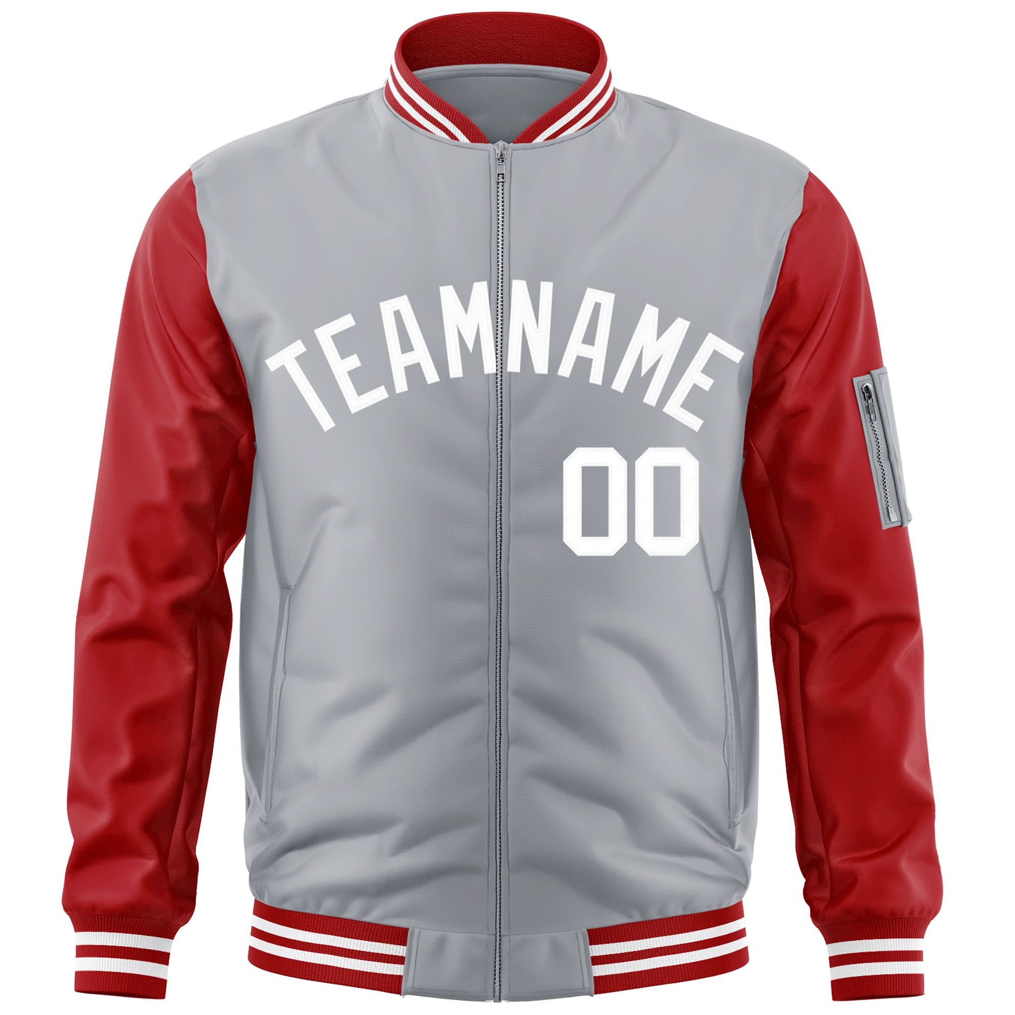 Custom Gray Red-White Varsity Full-Zip Raglan Sleeves Letterman Bomber Jacket