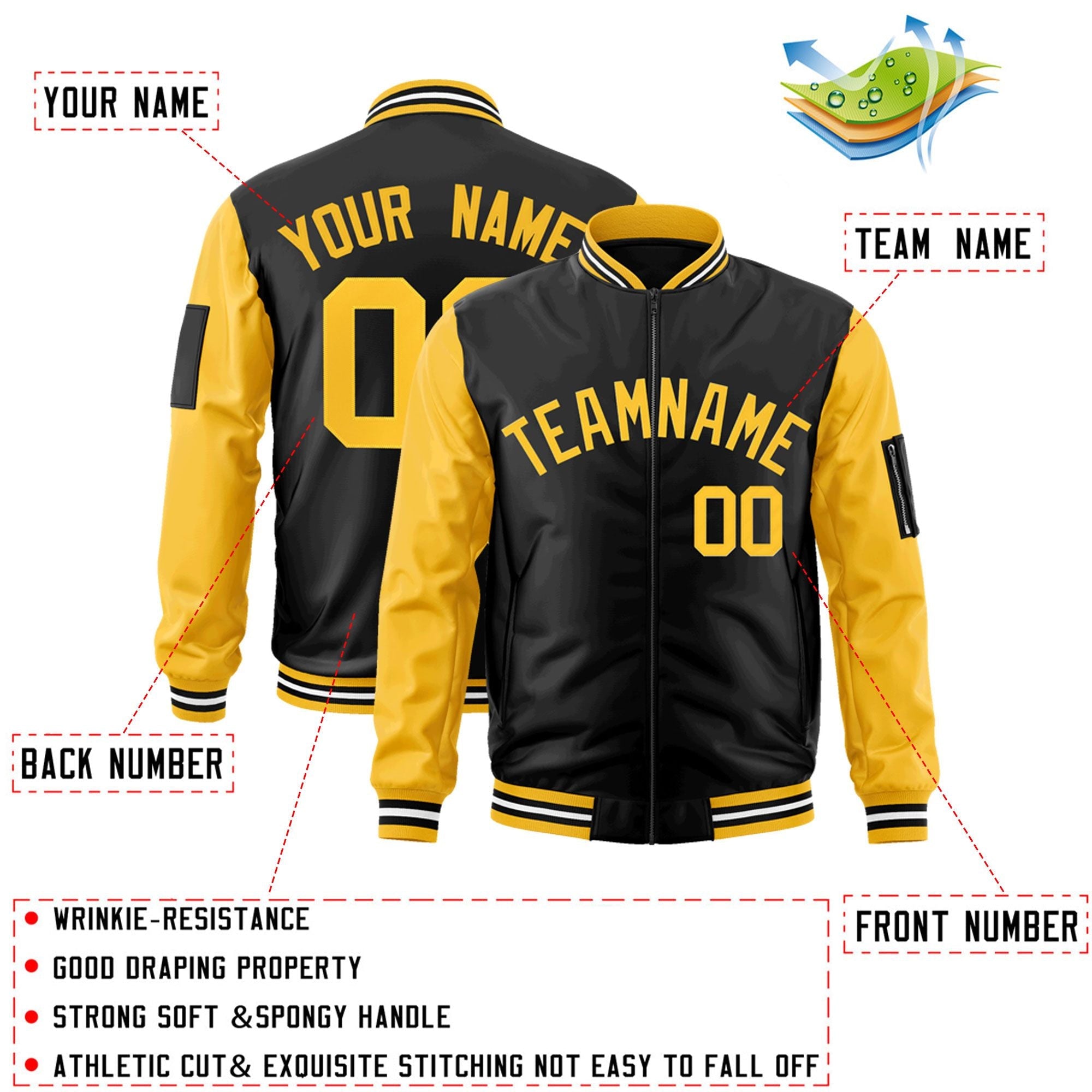 Custom Black Gold Varsity Full-Zip Raglan Sleeves Letterman Bomber Jacket