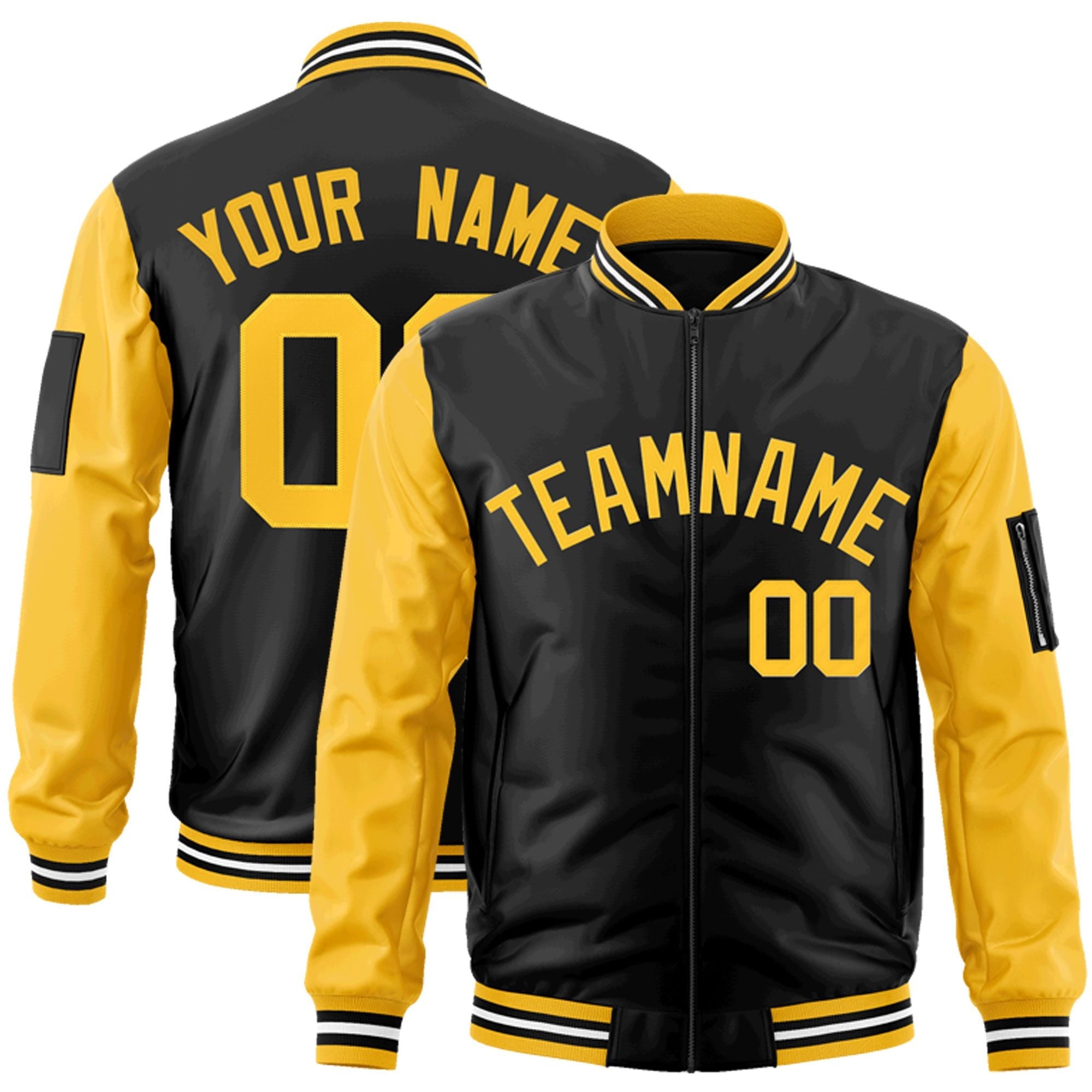 Custom Black Gold Varsity Full-Zip Raglan Sleeves Letterman Bomber Jacket