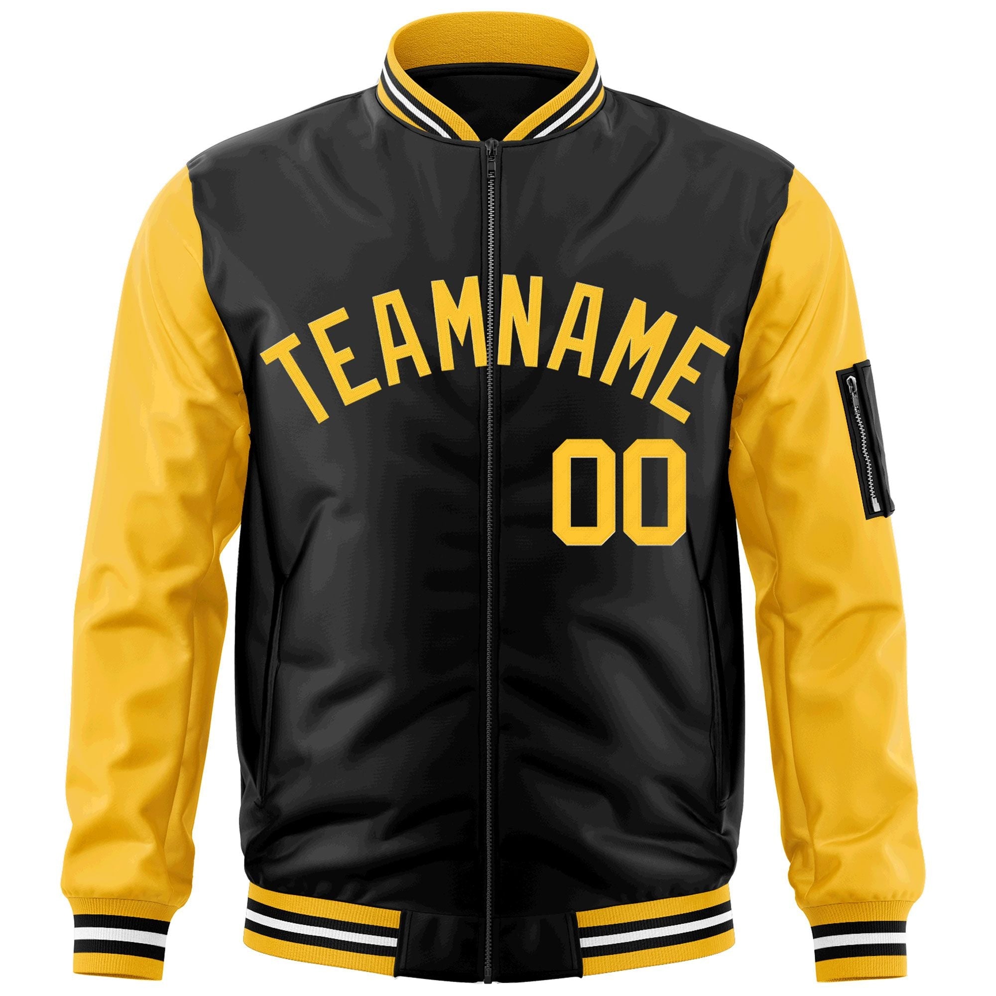 Custom Black Gold Varsity Full-Zip Raglan Sleeves Letterman Bomber Jacket