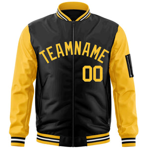 Custom Black Gold Varsity Full-Zip Raglan Sleeves Letterman Bomber Jacket