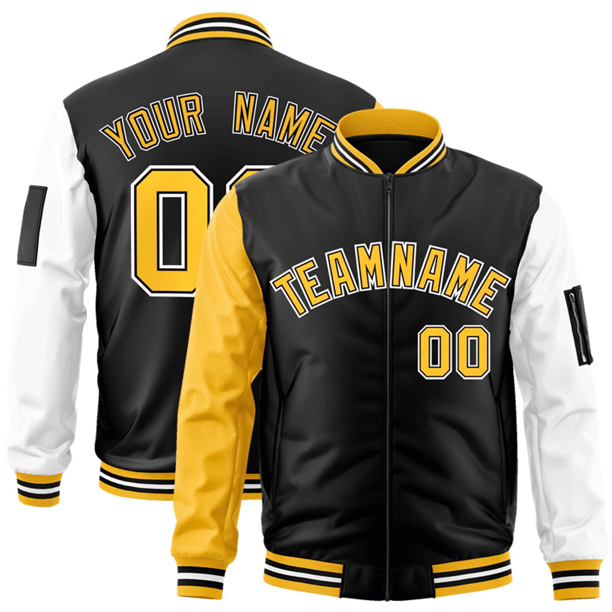 Custom Black Gold-White Varsity Full-Zip Raglan Sleeves Letterman Bomber Jacket