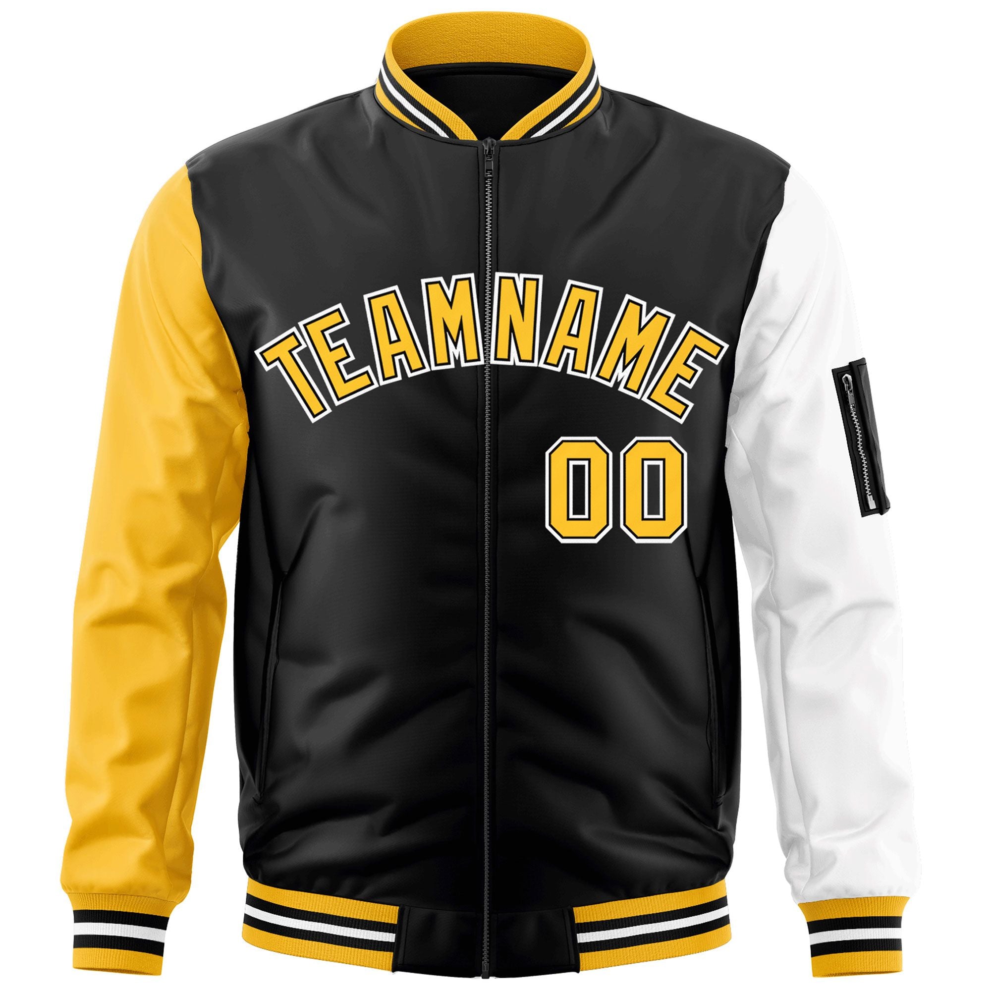 Custom Black Gold-White Varsity Full-Zip Raglan Sleeves Letterman Bomber Jacket