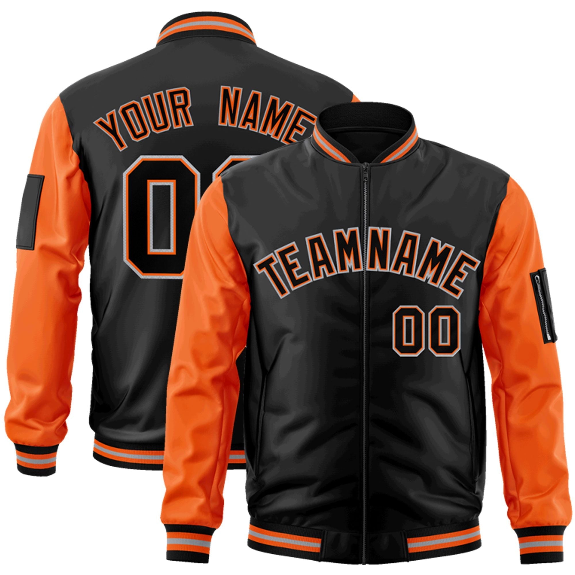 Custom Black Orange-Gray Varsity Full-Zip Raglan Sleeves Letterman Bomber Jacket