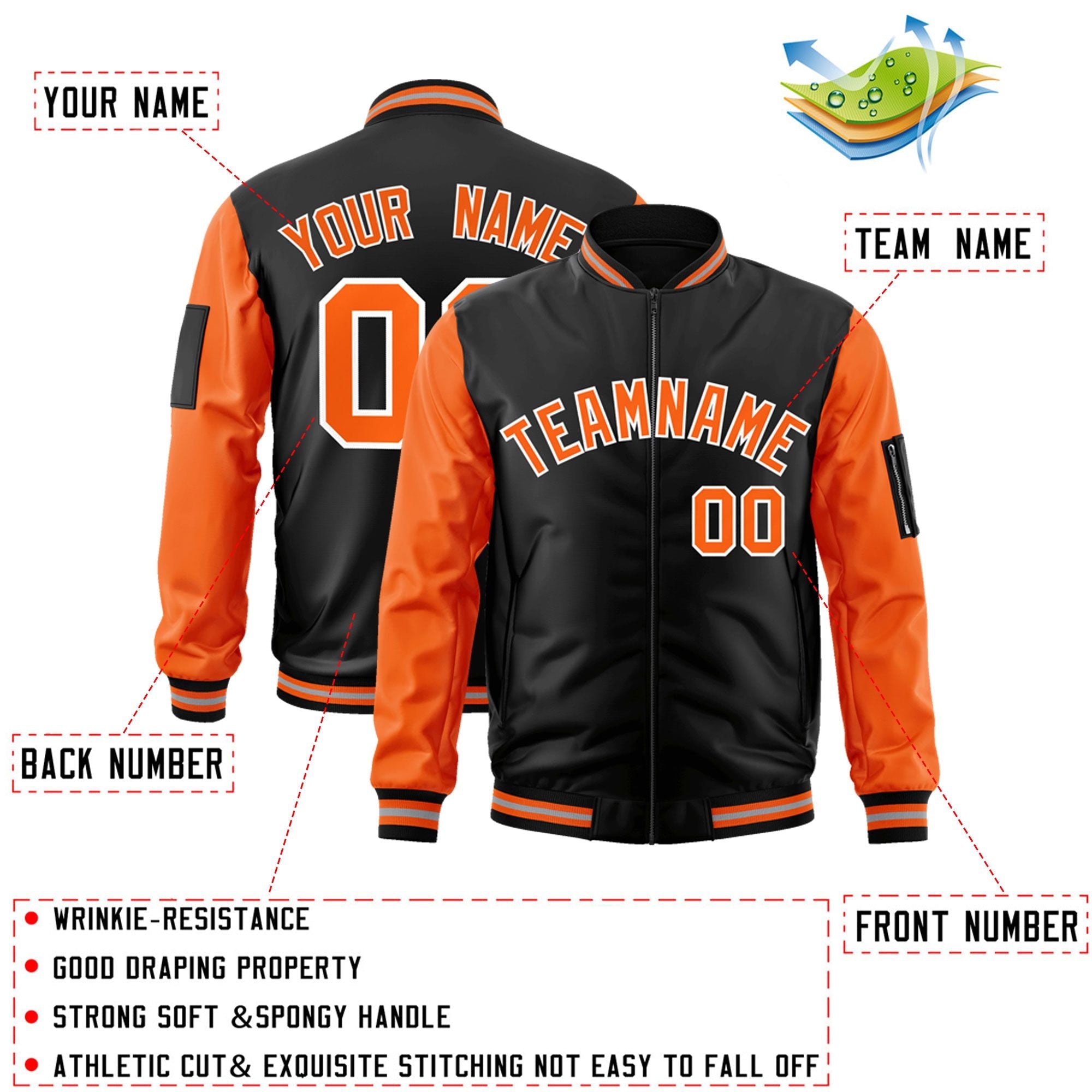 Custom Black Orange-White Varsity Full-Zip Raglan Sleeves Letterman Bomber Jacket