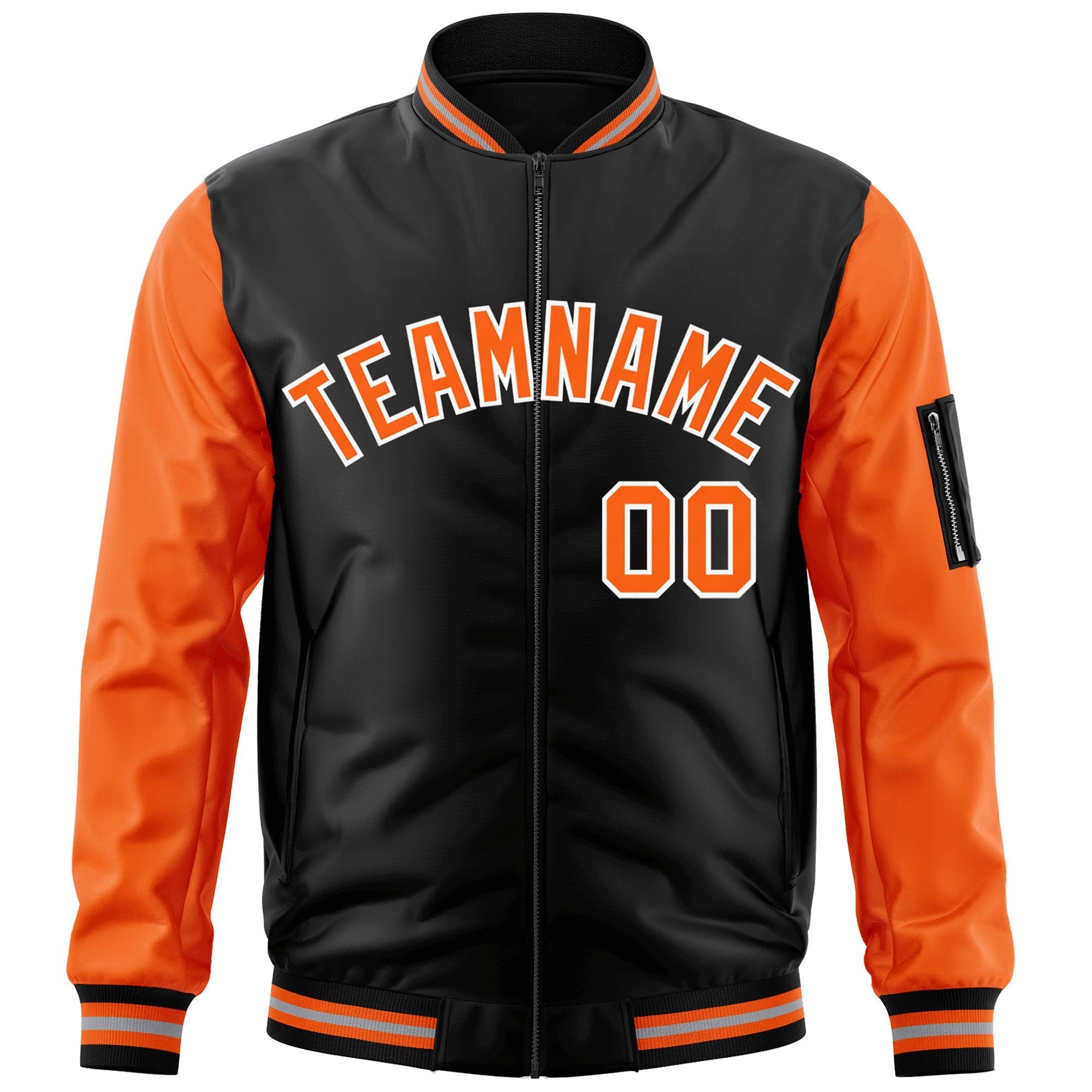 Custom Black Orange-White Varsity Full-Zip Raglan Sleeves Letterman Bomber Jacket