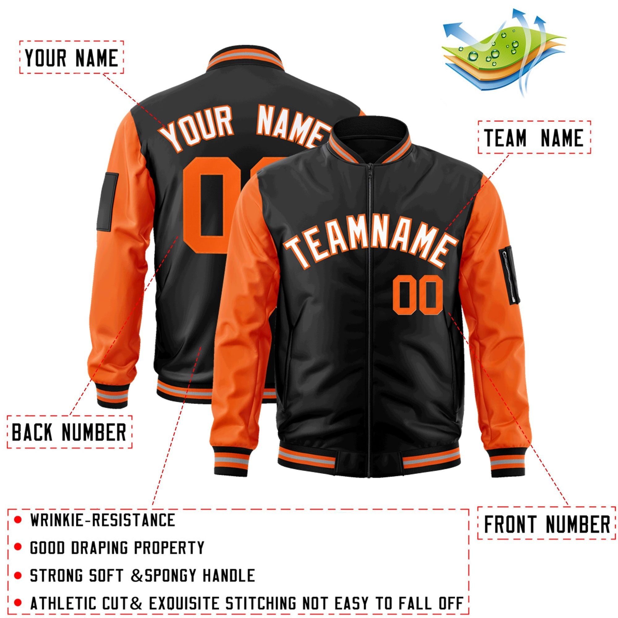 Custom Black Orange-White Varsity Full-Zip Raglan Sleeves Letterman Bomber Jacket