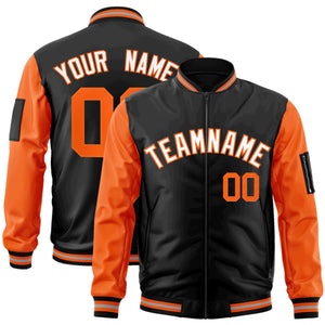 Custom Black Orange-White Varsity Full-Zip Raglan Sleeves Letterman Bomber Jacket