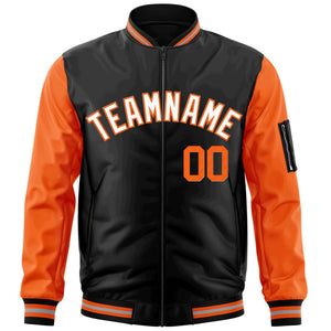 Custom Black Orange-White Varsity Full-Zip Raglan Sleeves Letterman Bomber Jacket