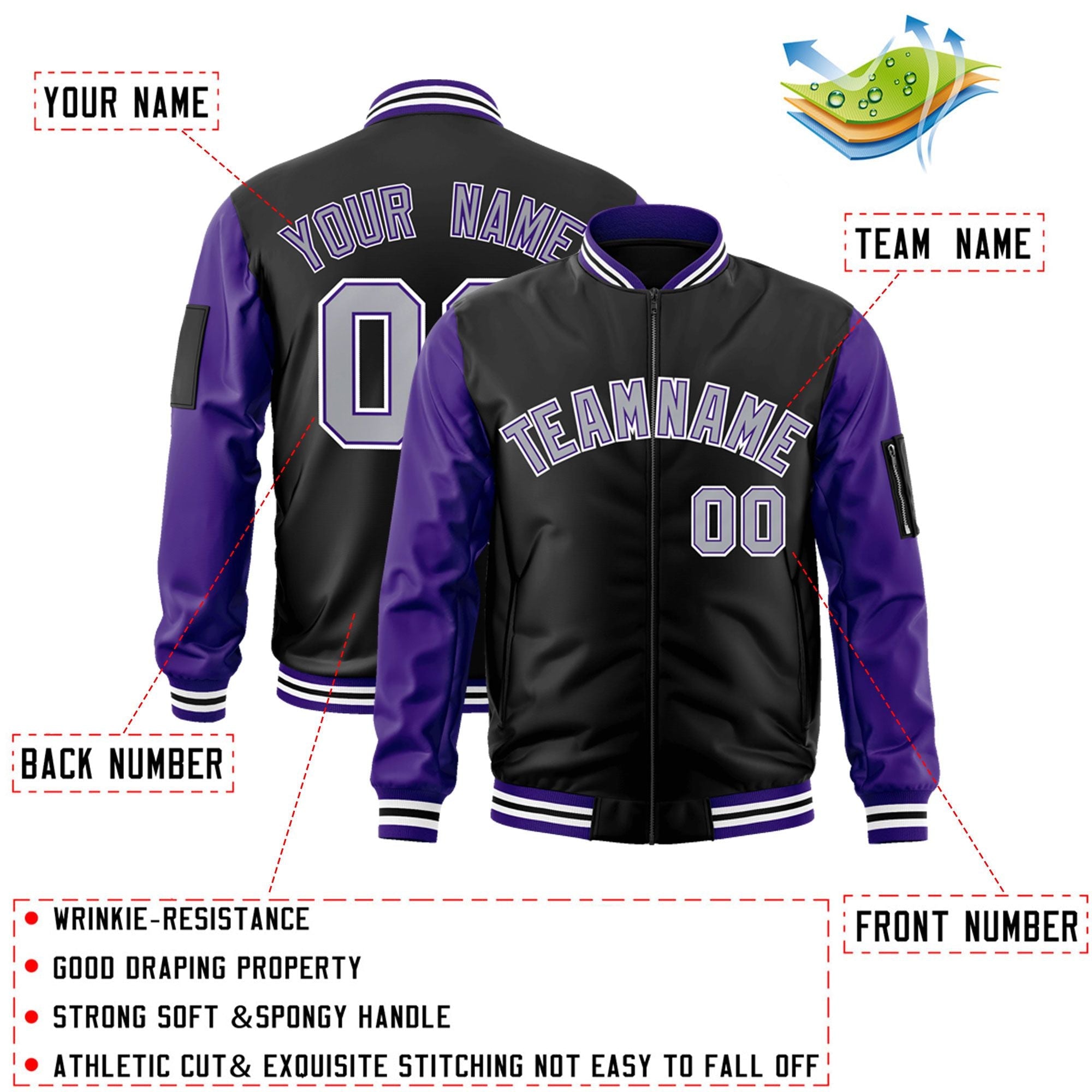 Custom Black Purple-Gray Varsity Full-Zip Raglan Sleeves Letterman Bomber Jacket