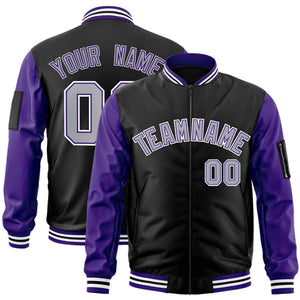 Custom Black Purple-Gray Varsity Full-Zip Raglan Sleeves Letterman Bomber Jacket