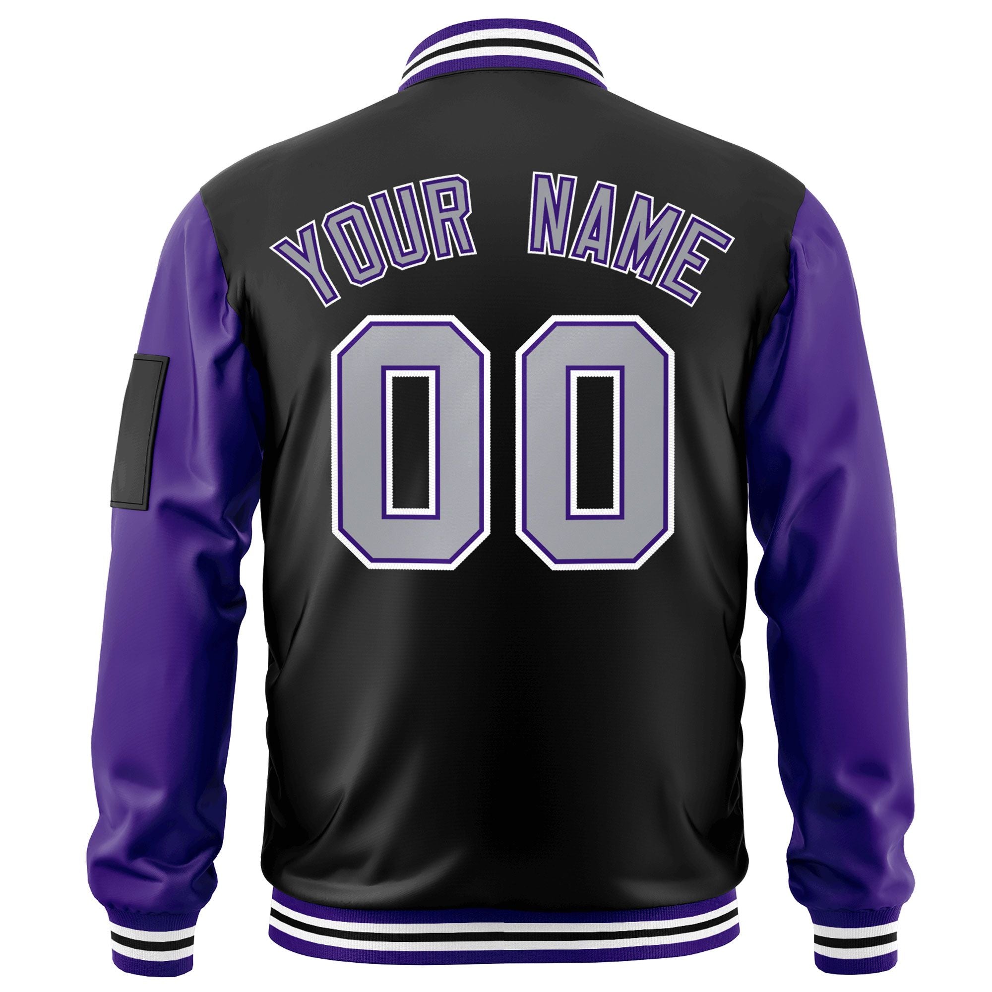 Custom Black Purple-Gray Varsity Full-Zip Raglan Sleeves Letterman Bomber Jacket