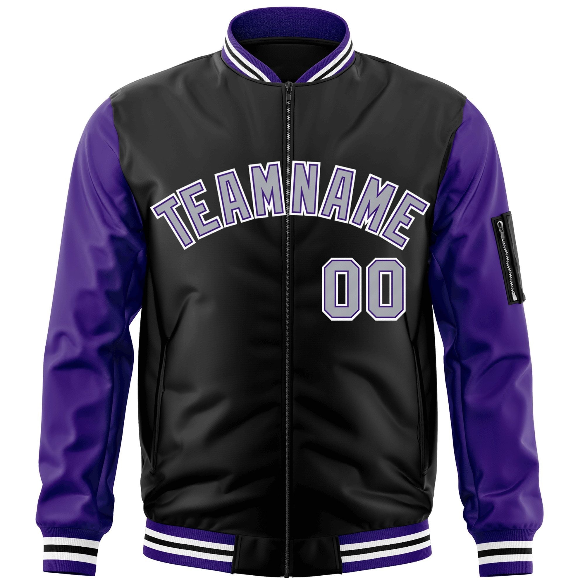 Custom Black Purple-Gray Varsity Full-Zip Raglan Sleeves Letterman Bomber Jacket