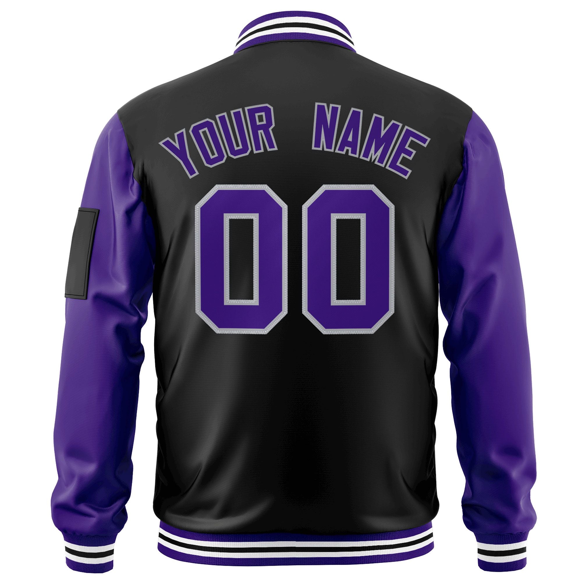 Custom Black Purple-Gray Varsity Full-Zip Raglan Sleeves Letterman Bomber Jacket