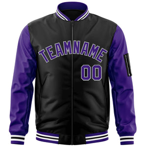 Custom Black Purple-Gray Varsity Full-Zip Raglan Sleeves Letterman Bomber Jacket