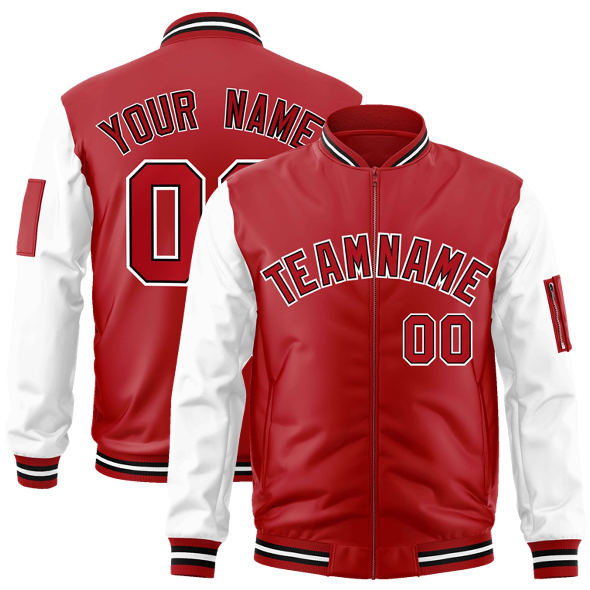 Custom Red White-Black Varsity Full-Zip Raglan Sleeves Letterman Bomber Jacket