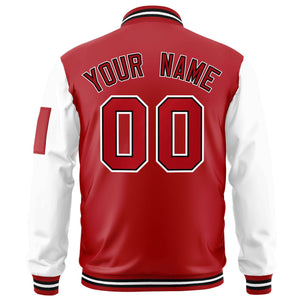 Custom Red White-Black Varsity Full-Zip Raglan Sleeves Letterman Bomber Jacket