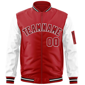 Custom Red White-Black Varsity Full-Zip Raglan Sleeves Letterman Bomber Jacket