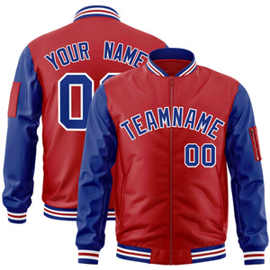 Custom Red Royal-White Varsity Full-Zip Raglan Sleeves Letterman Bomber Jacket