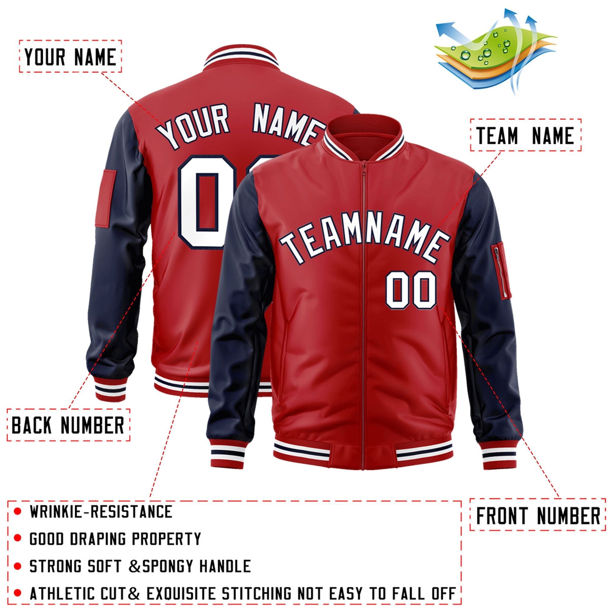 Custom Red Navy-White Varsity Full-Zip Raglan Sleeves Letterman Bomber Jacket