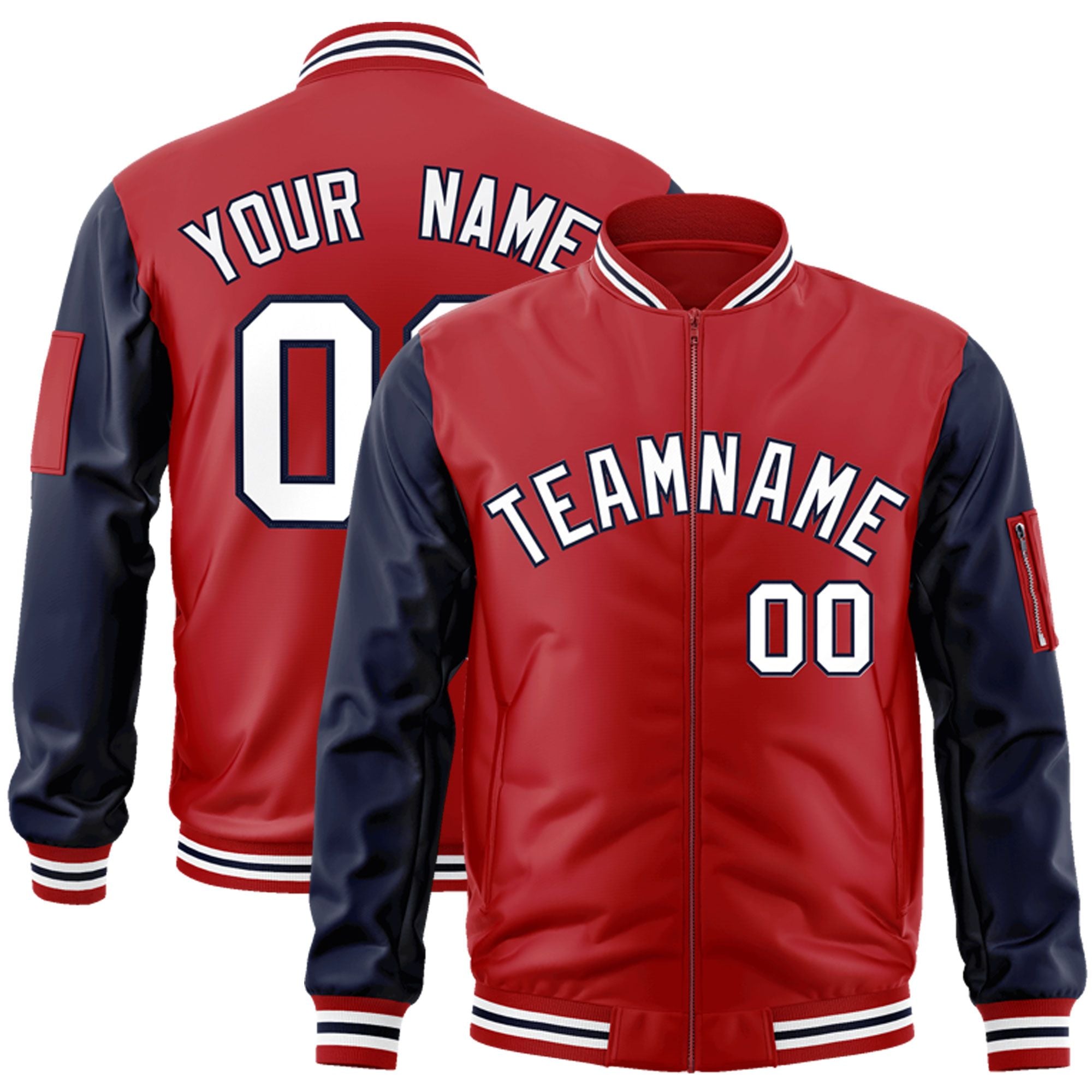 Custom Red Navy-White Varsity Full-Zip Raglan Sleeves Letterman Bomber Jacket