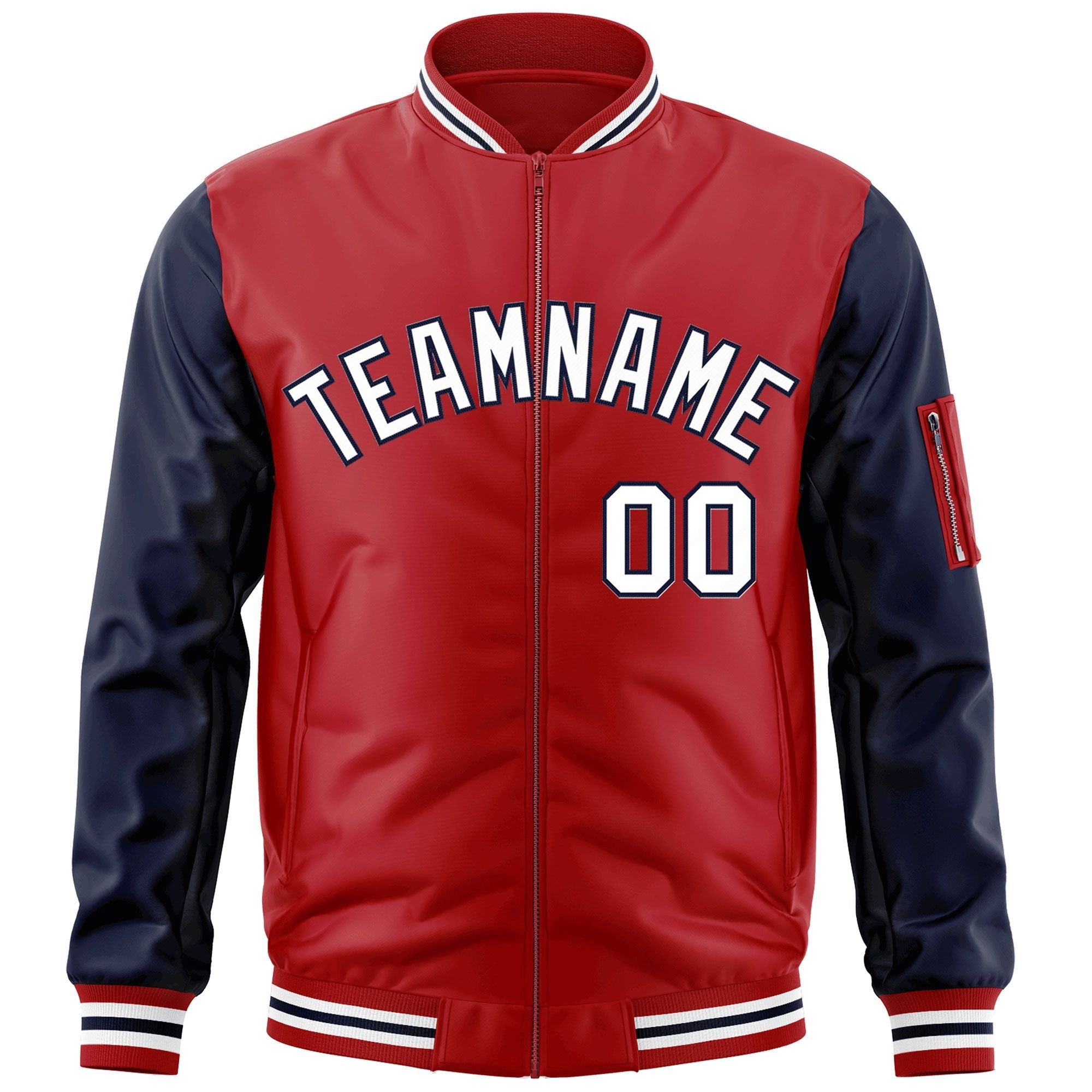 Custom Red Navy-White Varsity Full-Zip Raglan Sleeves Letterman Bomber Jacket