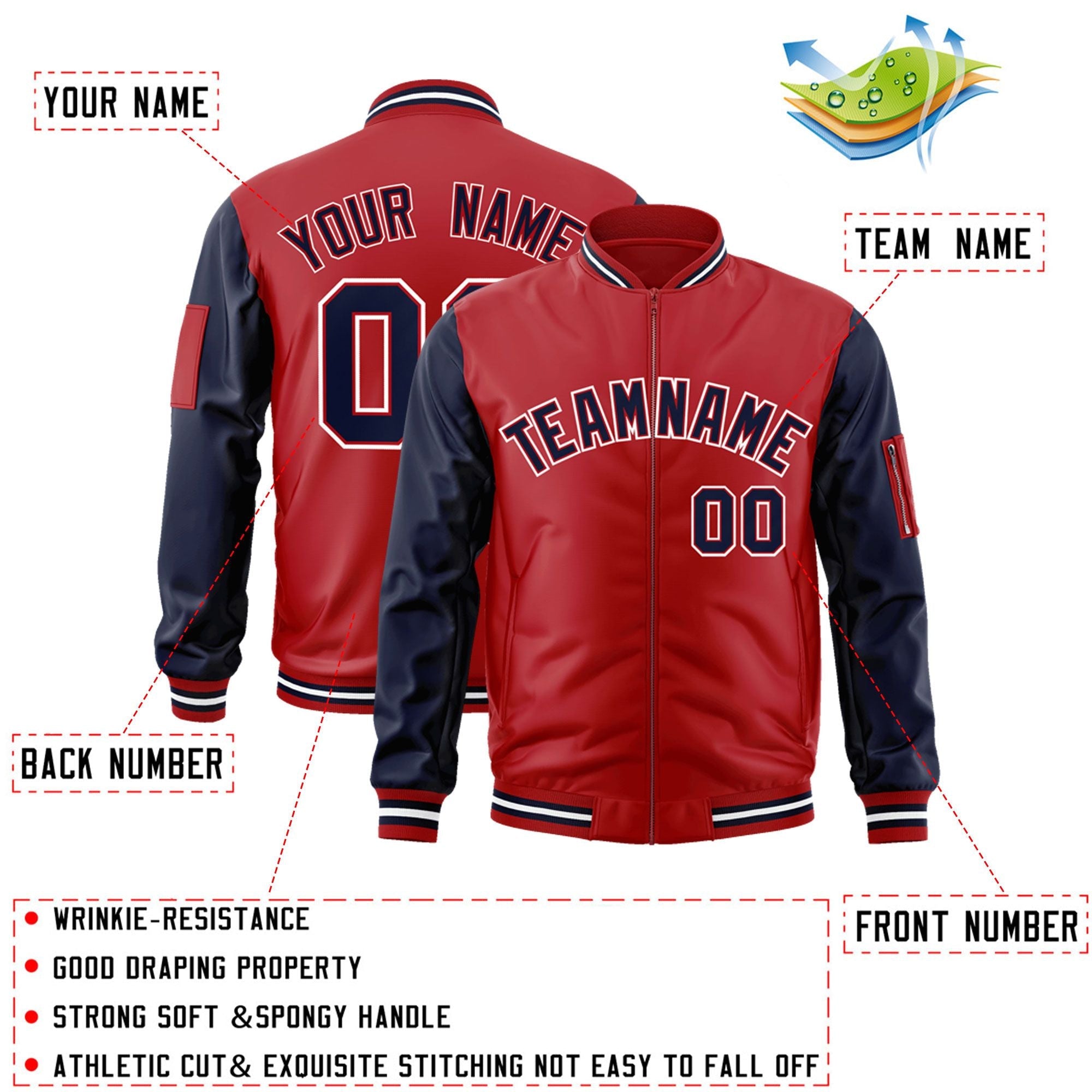 Custom Red Navy-White Varsity Full-Zip Raglan Sleeves Letterman Bomber Jacket