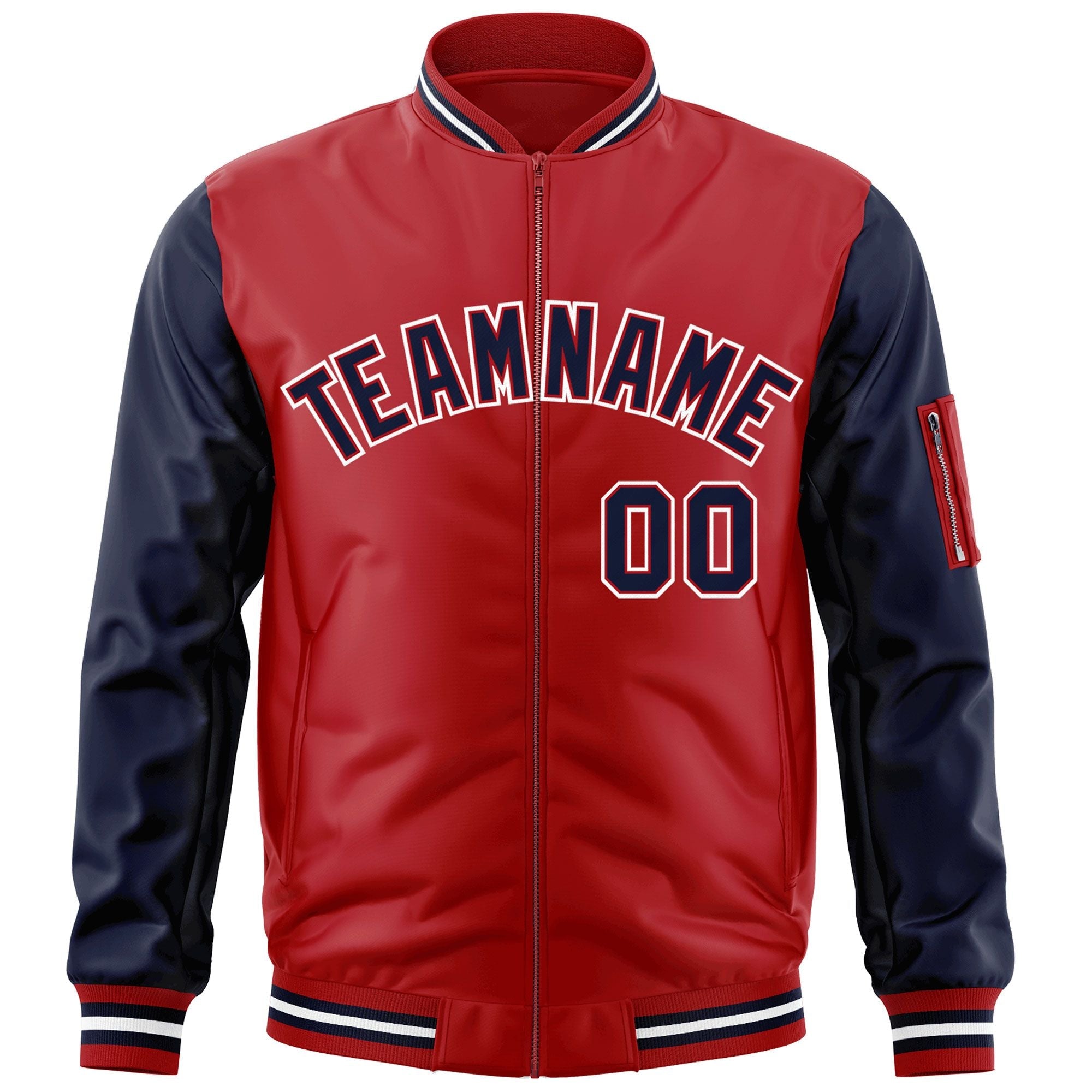 Custom Red Navy-White Varsity Full-Zip Raglan Sleeves Letterman Bomber Jacket