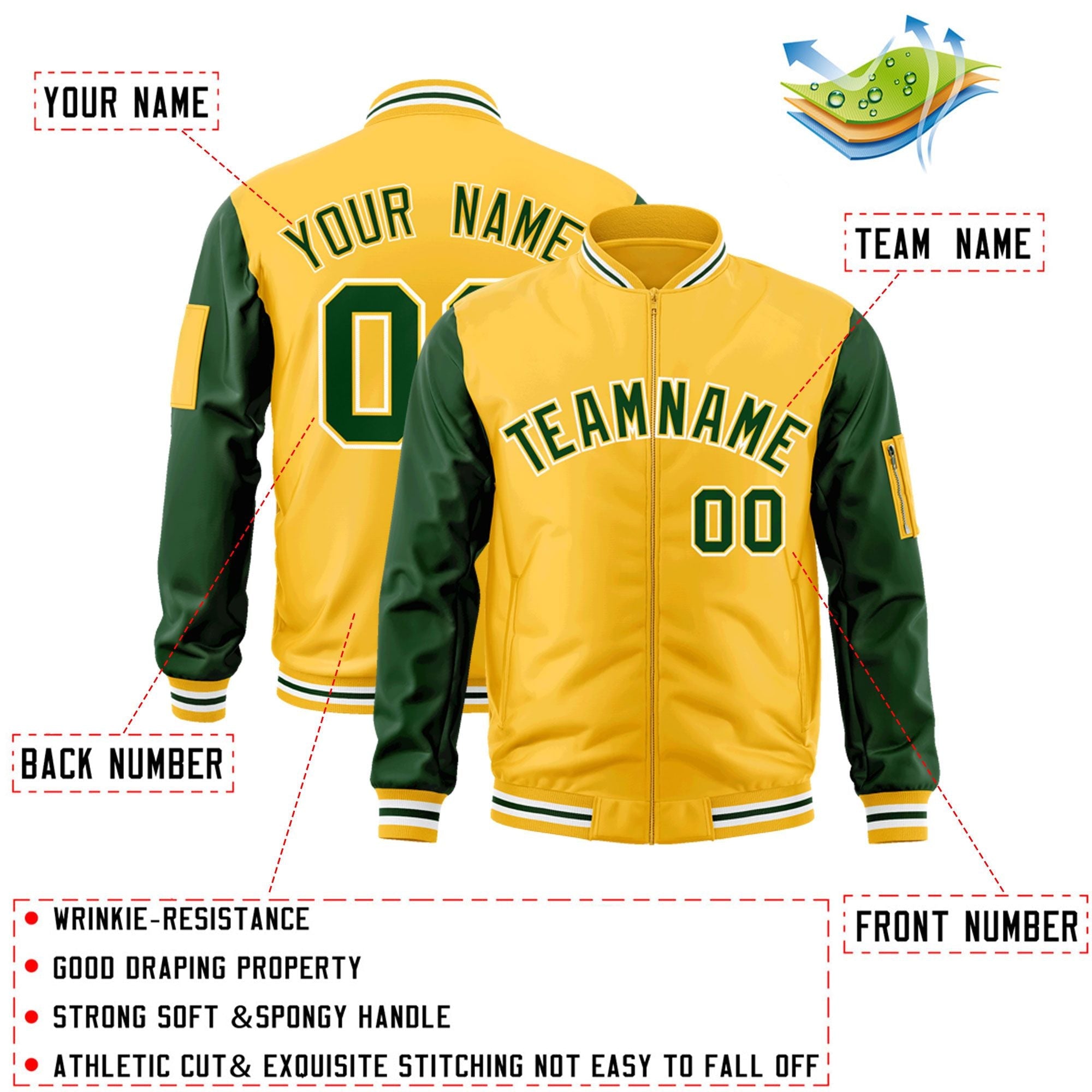 Custom Gold Green-White Varsity Full-Zip Raglan Sleeves Letterman Bomber Jacket