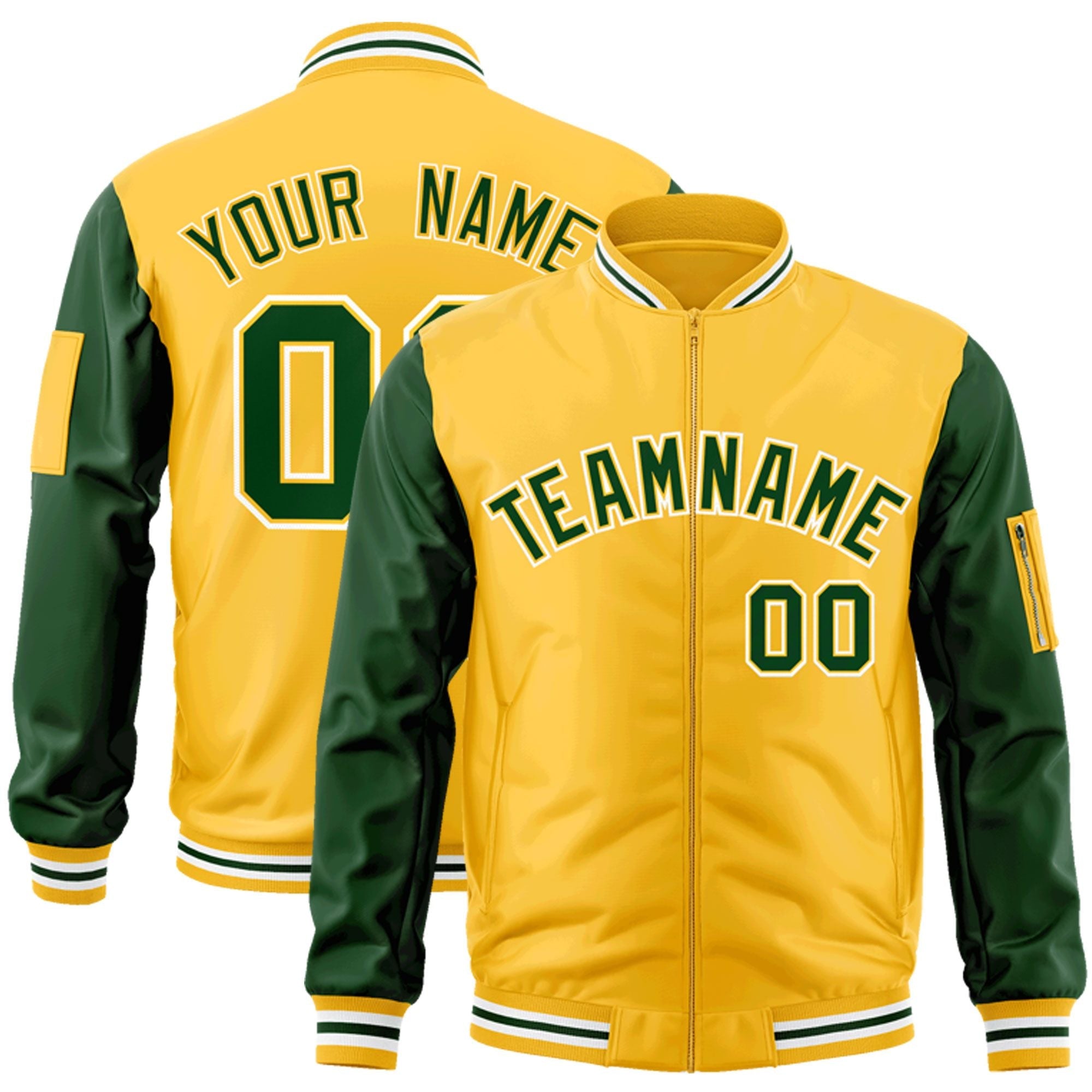 Custom Gold Green-White Varsity Full-Zip Raglan Sleeves Letterman Bomber Jacket