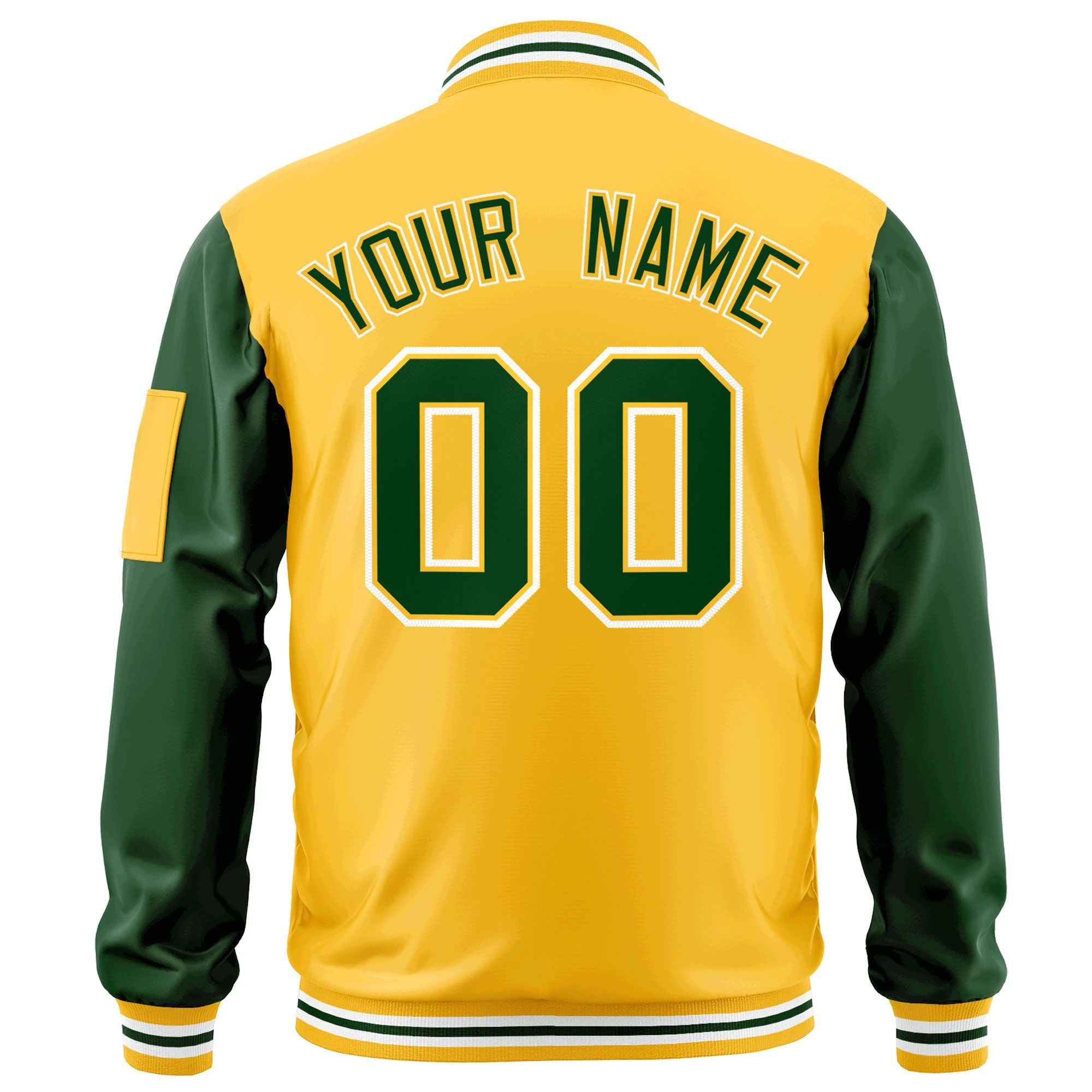 Custom Gold Green-White Varsity Full-Zip Raglan Sleeves Letterman Bomber Jacket